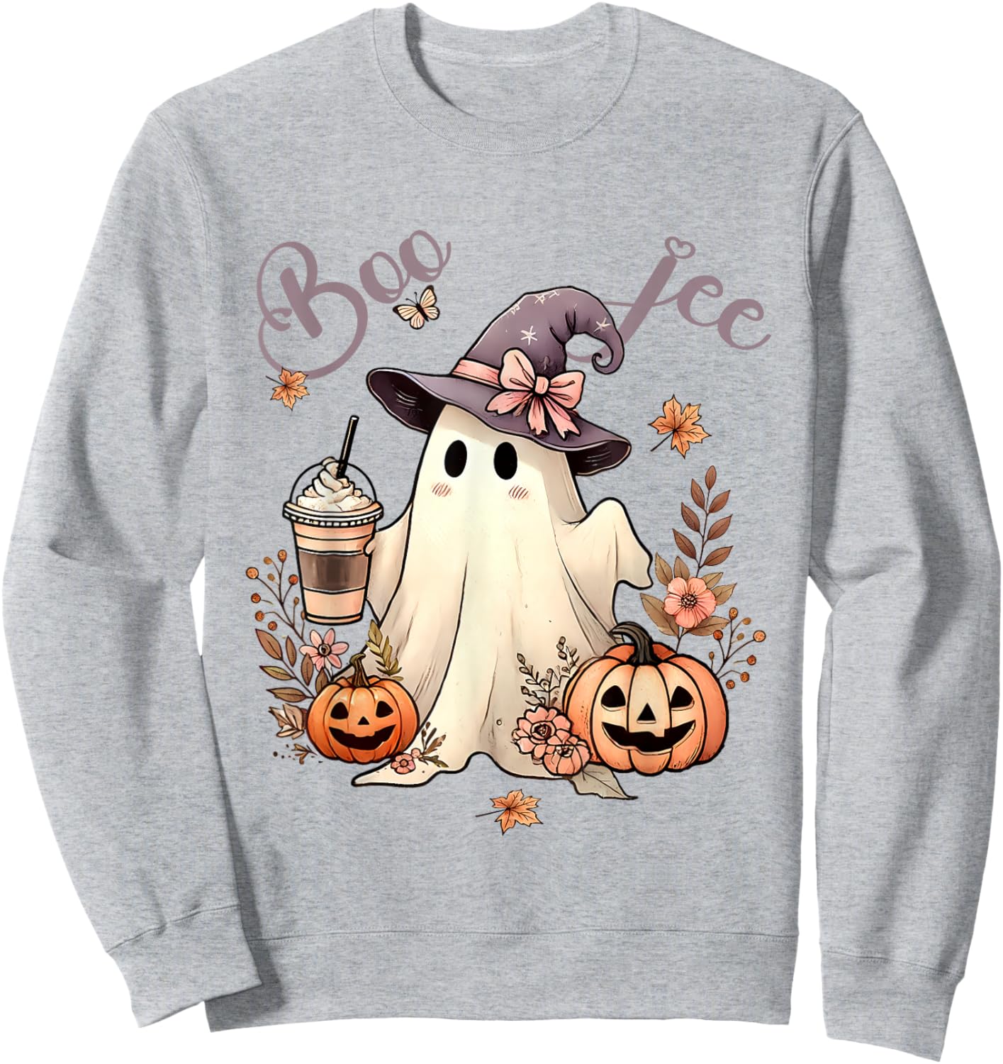 Boo Jee Ghost Ice Coffee Coquette Bow Halloween Women Girl Sweatshirt - Sweatshirt | Ash