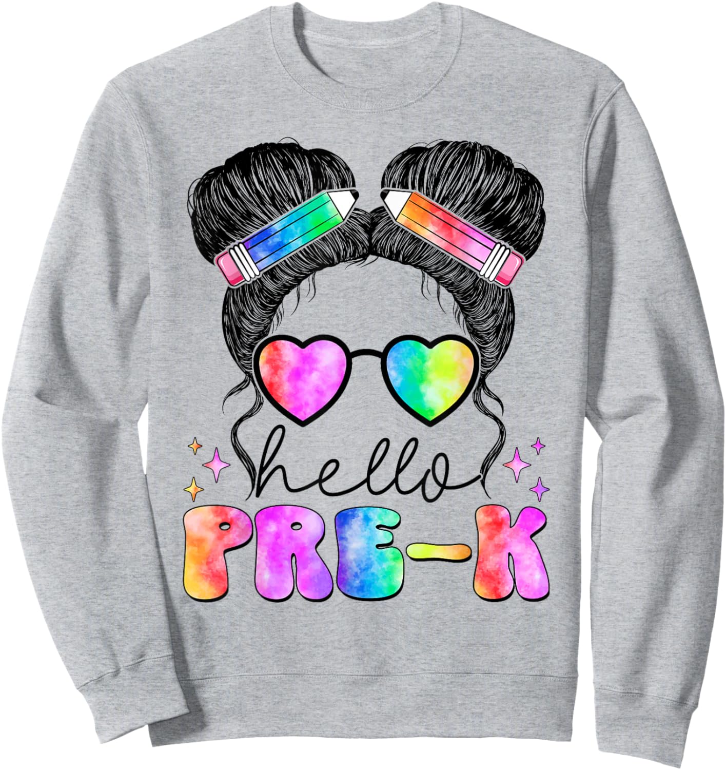 Messy Hair Bun Girl Back To School First Day Hello Pre K Sweatshirt - Sweatshirt | Ash