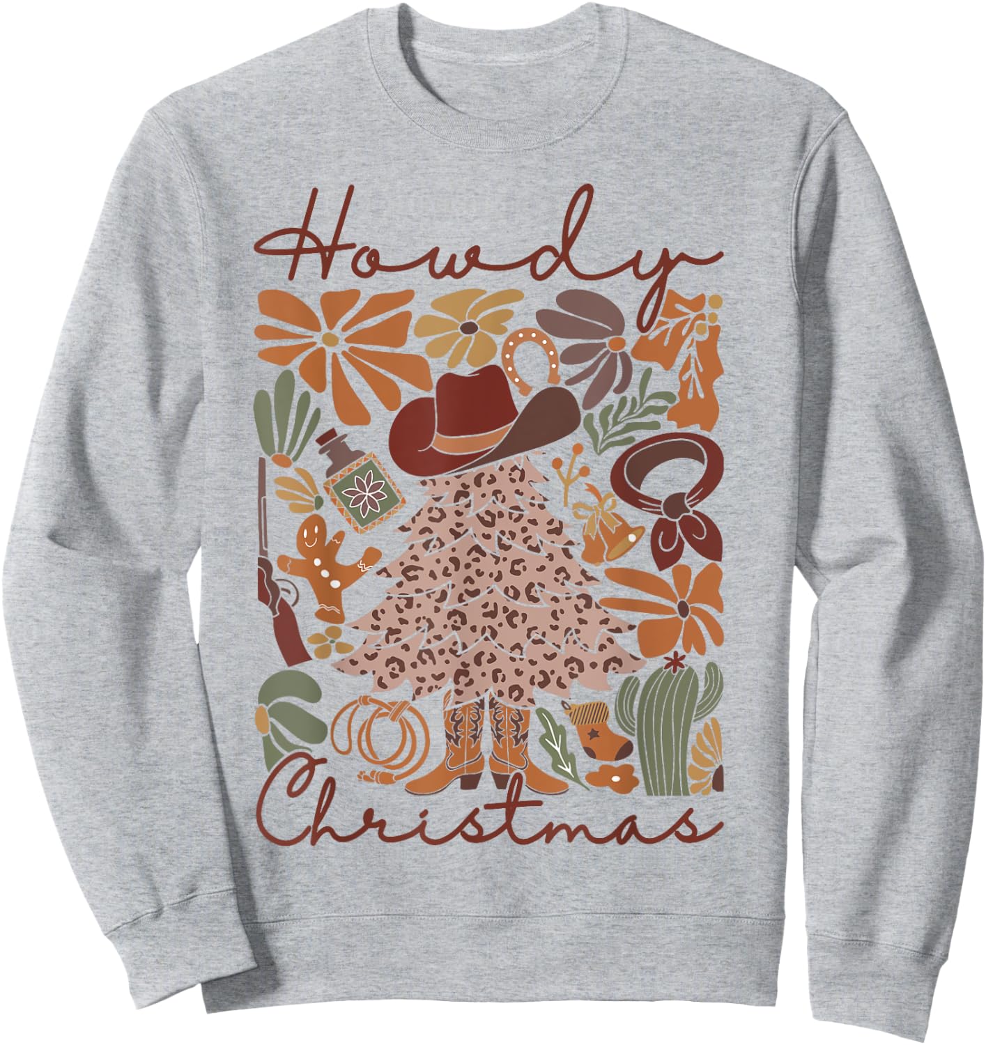 Western Santa Hat Howdy Christmas Tree Boho Flower Cowboy Sweatshirt - Sweatshirt | Ash