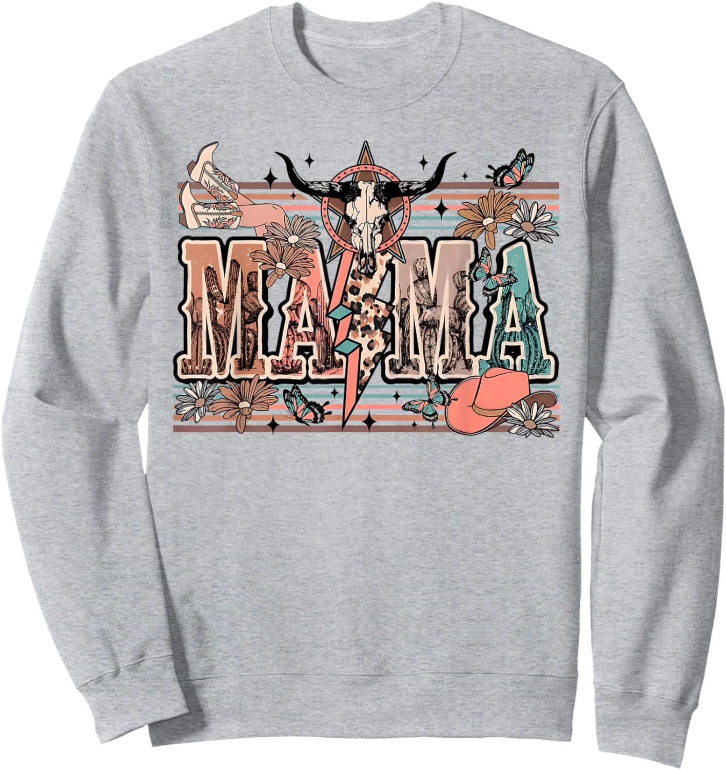 Mama Western Country Cow Skull Cowhide Mom Hippies Mama Sweatshirt - Sweatshirt | Ash