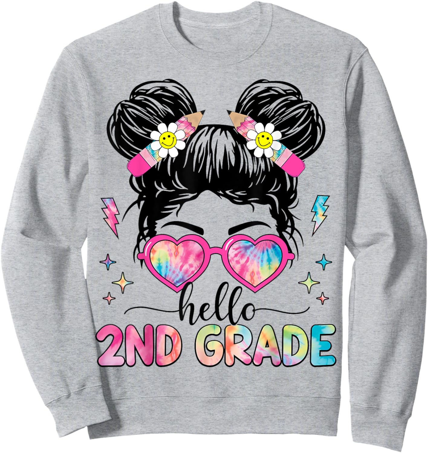 Hello 2nd Grade Messy Bun Girl Back To School First Day Sweatshirt - Sweatshirt | Ash
