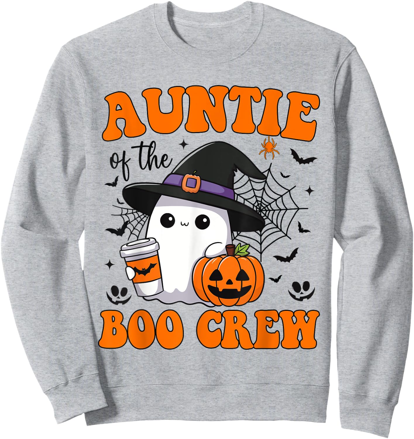Auntie Boo Crew Groovy Ghost Matching Family Halloween Sweatshirt - Sweatshirt | Ash