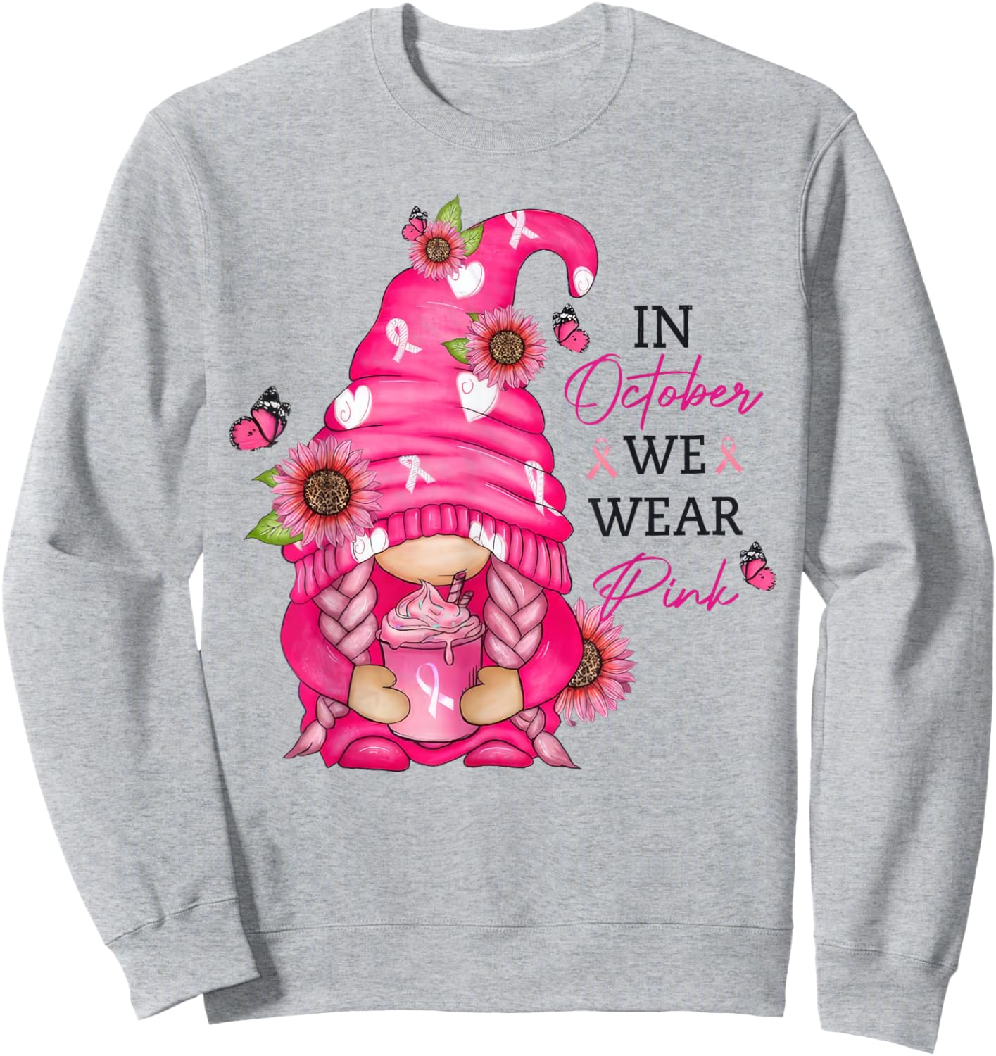 In October We Wear Pink Gnome Breast Cancer Sweatshirt - Sweatshirt | Ash