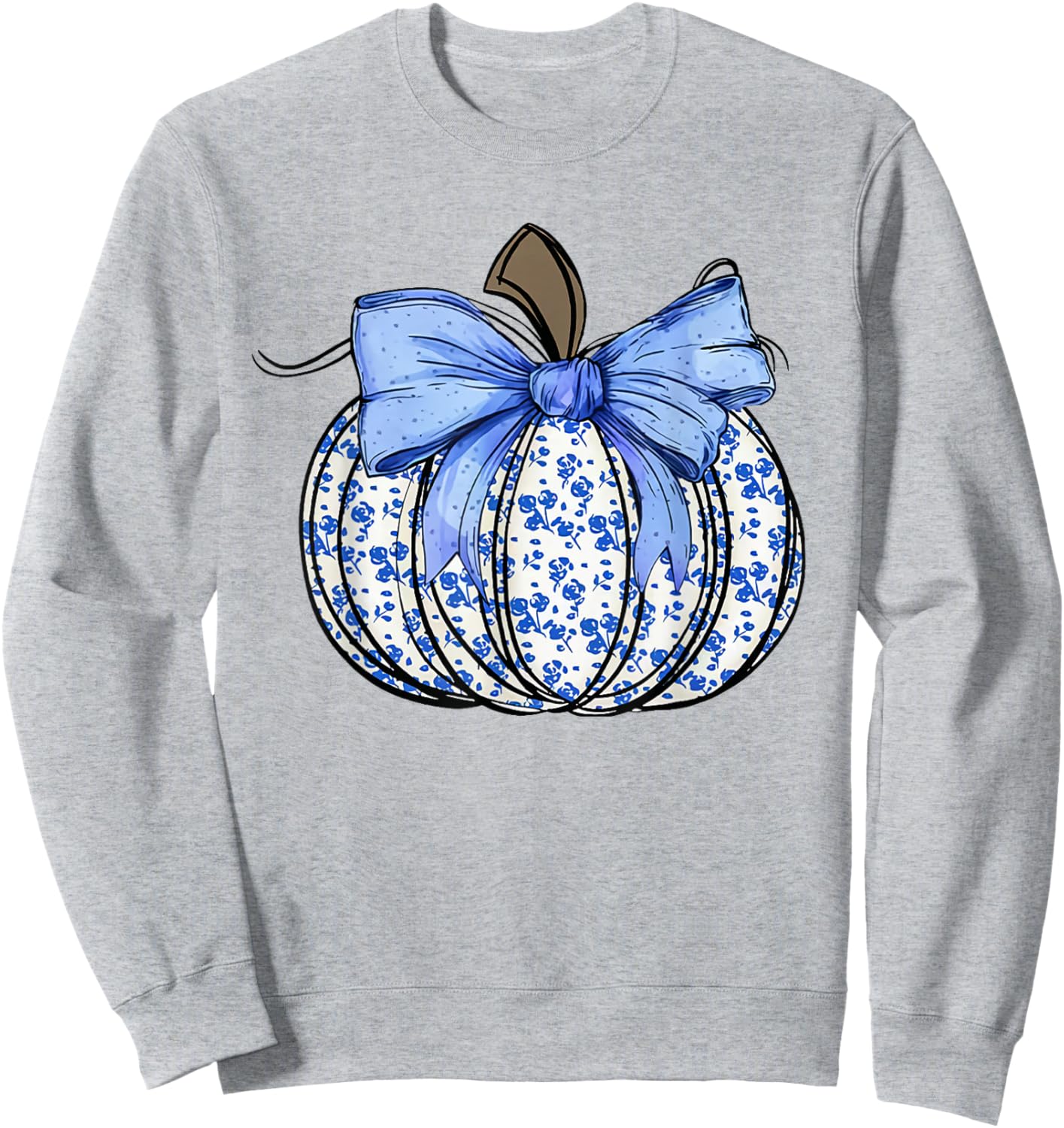 Retro Coquette Bow Blue Floral Pumpkin Halloween Autumn Fall Sweatshirt - Sweatshirt | Ash