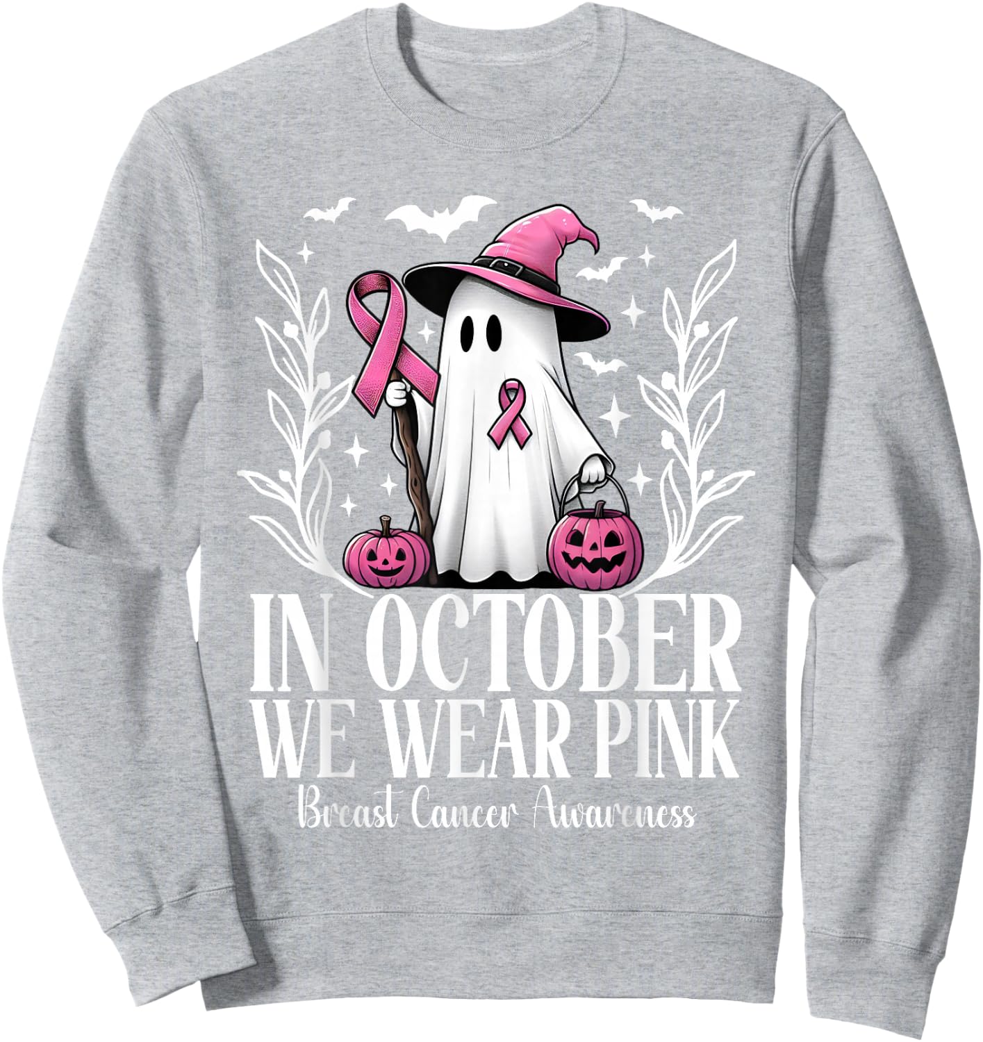 In October We Wear Pink Breast Cancer Ghost Witch Halloween Sweatshirt - Sweatshirt | Ash