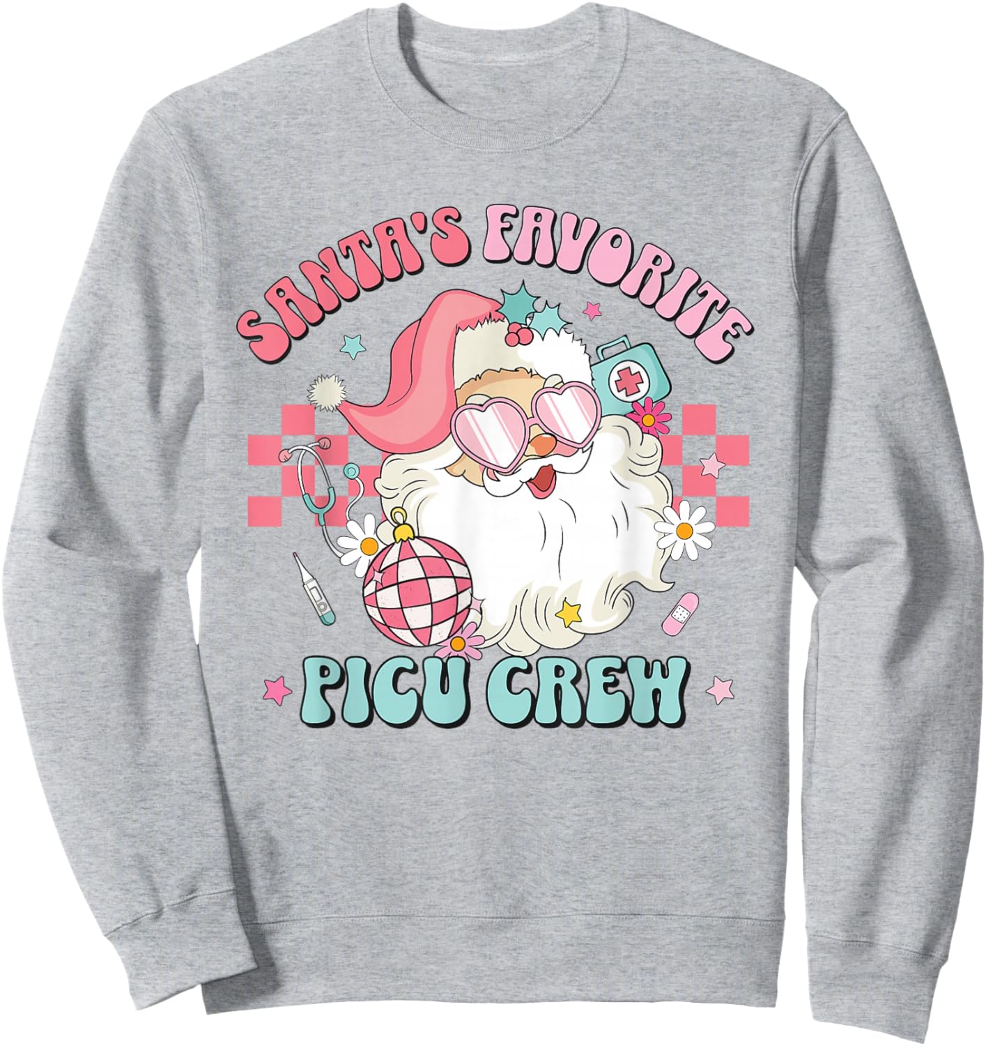 Retro Pink Christmas Santa's Favorite PICU Nurse Pediatric Sweatshirt - Sweatshirt | Ash