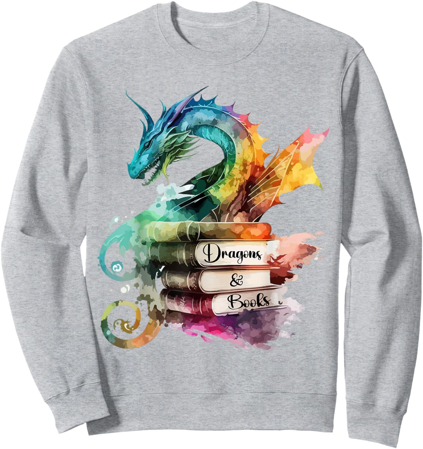Dragons and Books Watercolor Fantasy Dragon Lover Theme Sweatshirt - Sweatshirt | Ash