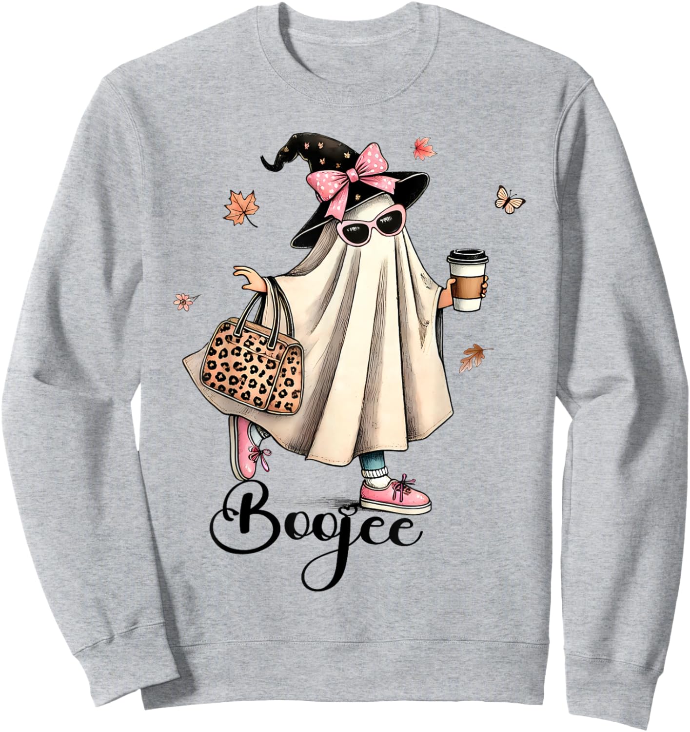 Boo Jee Ghost Ice Coffee Coquette Bow Halloween Women Girl Sweatshirt - Sweatshirt | Ash