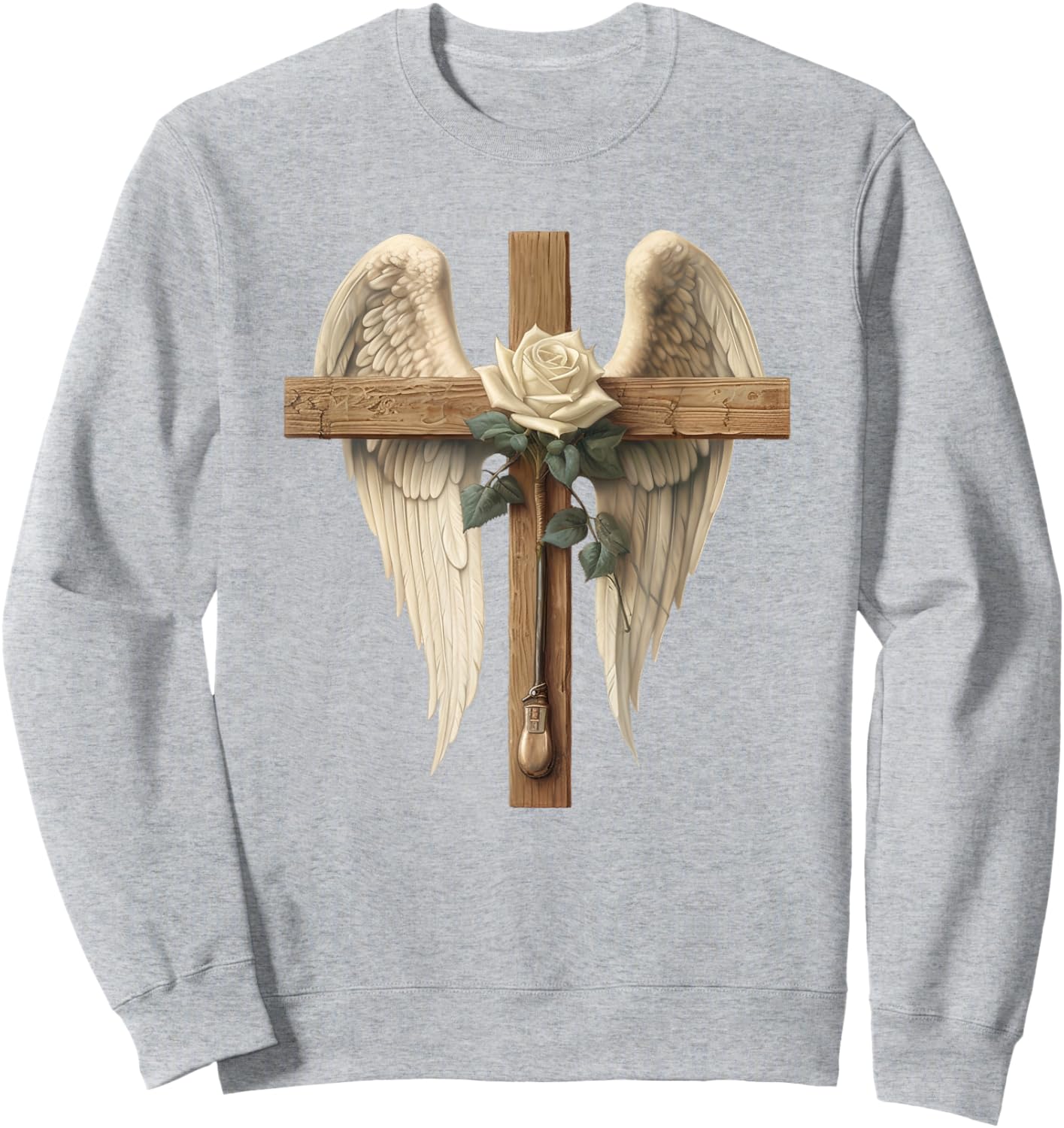 White Rose Flower Christian Cross With Angel Wings Sweatshirt - Sweatshirt | Ash