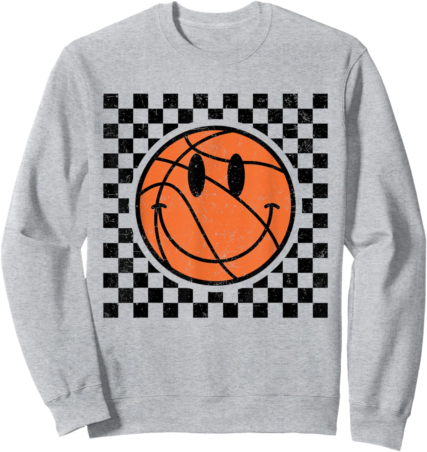 Game Day Basketball Smile Face Checkered Retro Vintage Style Sweatshirt - Sweatshirt | Ash
