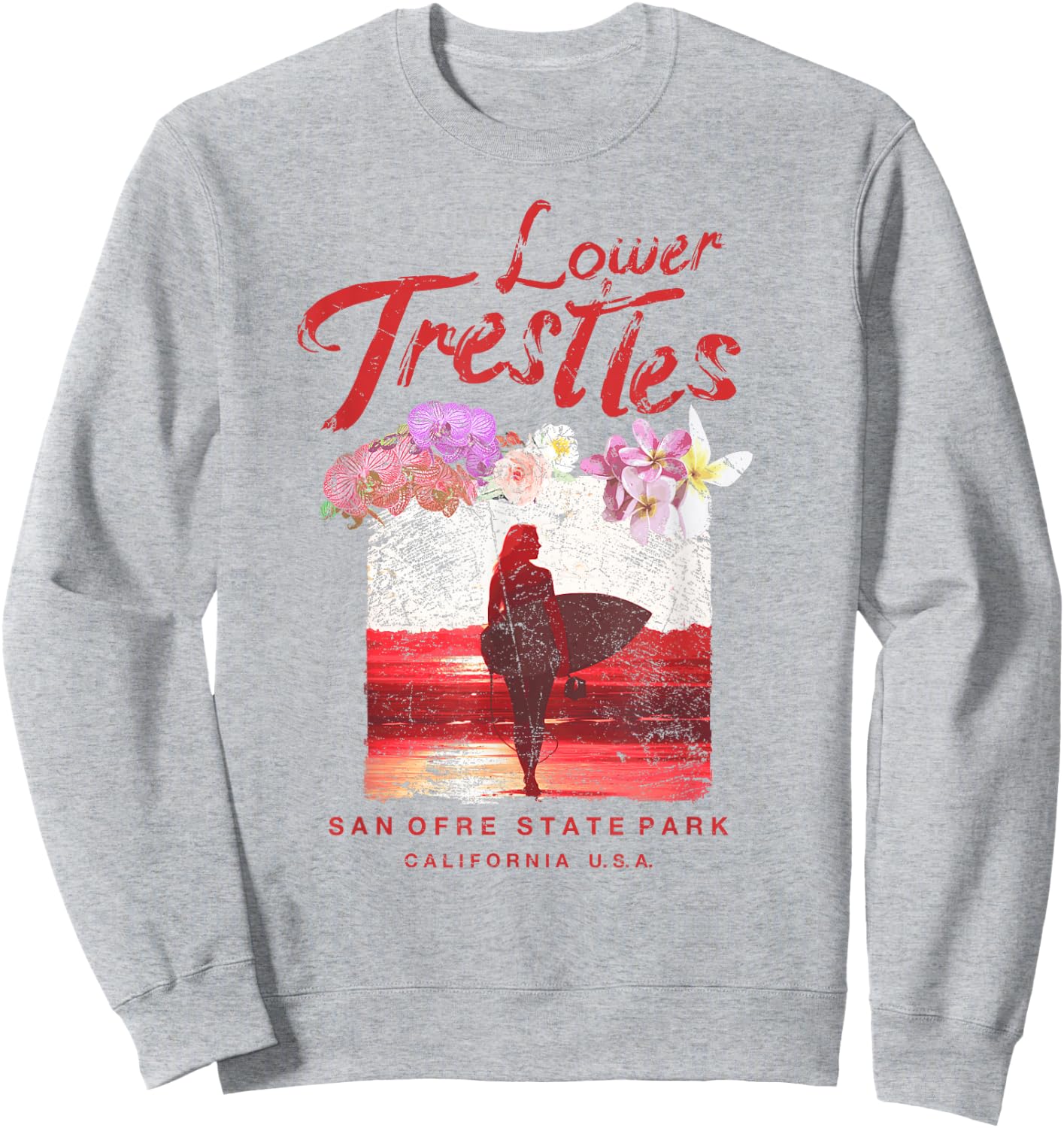 Lower Trestles California Surfboard Girl Vintage Surf Sweatshirt - Sweatshirt | Ash