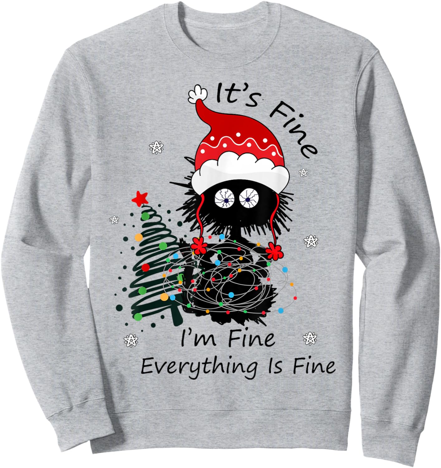 Santa Black Cat Tangled in Christmas Lights Sweatshirt - Sweatshirt | Ash
