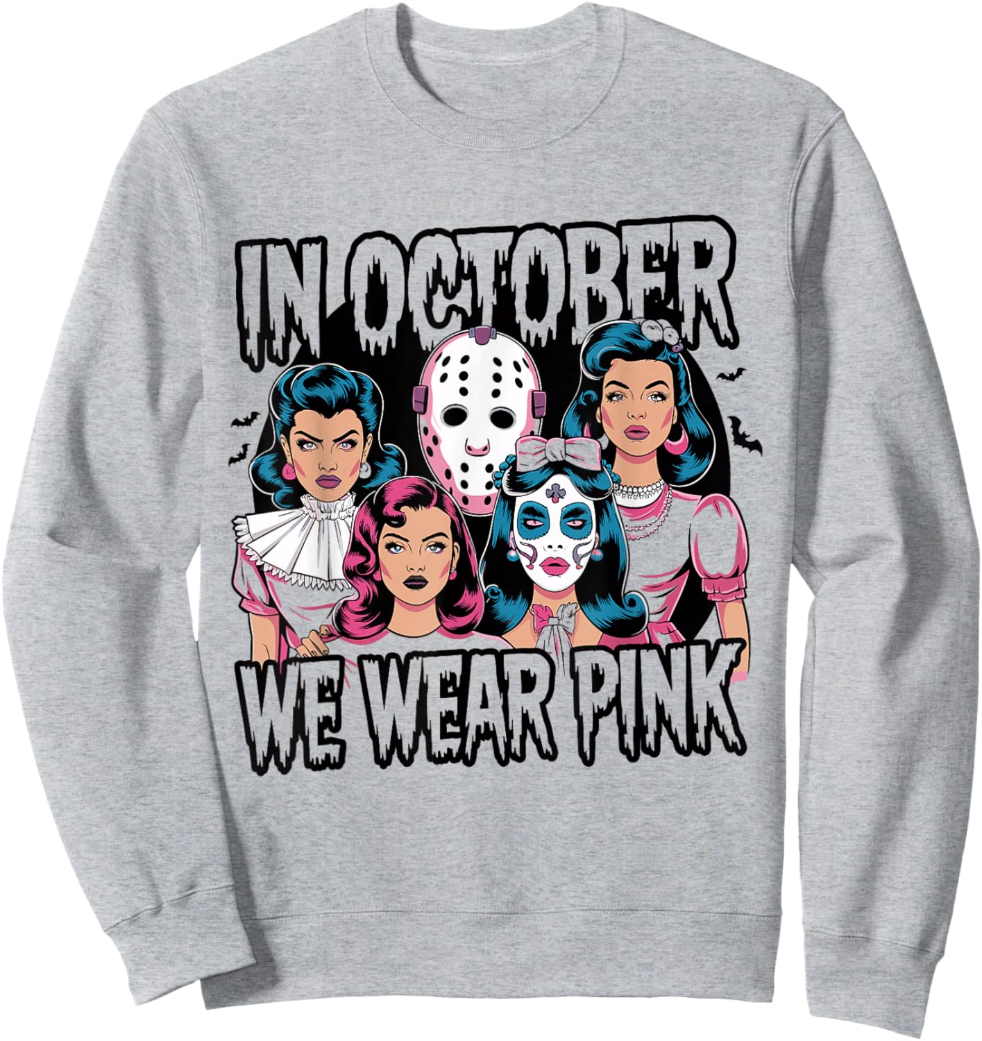 In October We Wear Pink Horror Breast Cancer Awareness Sweatshirt - Sweatshirt | Ash