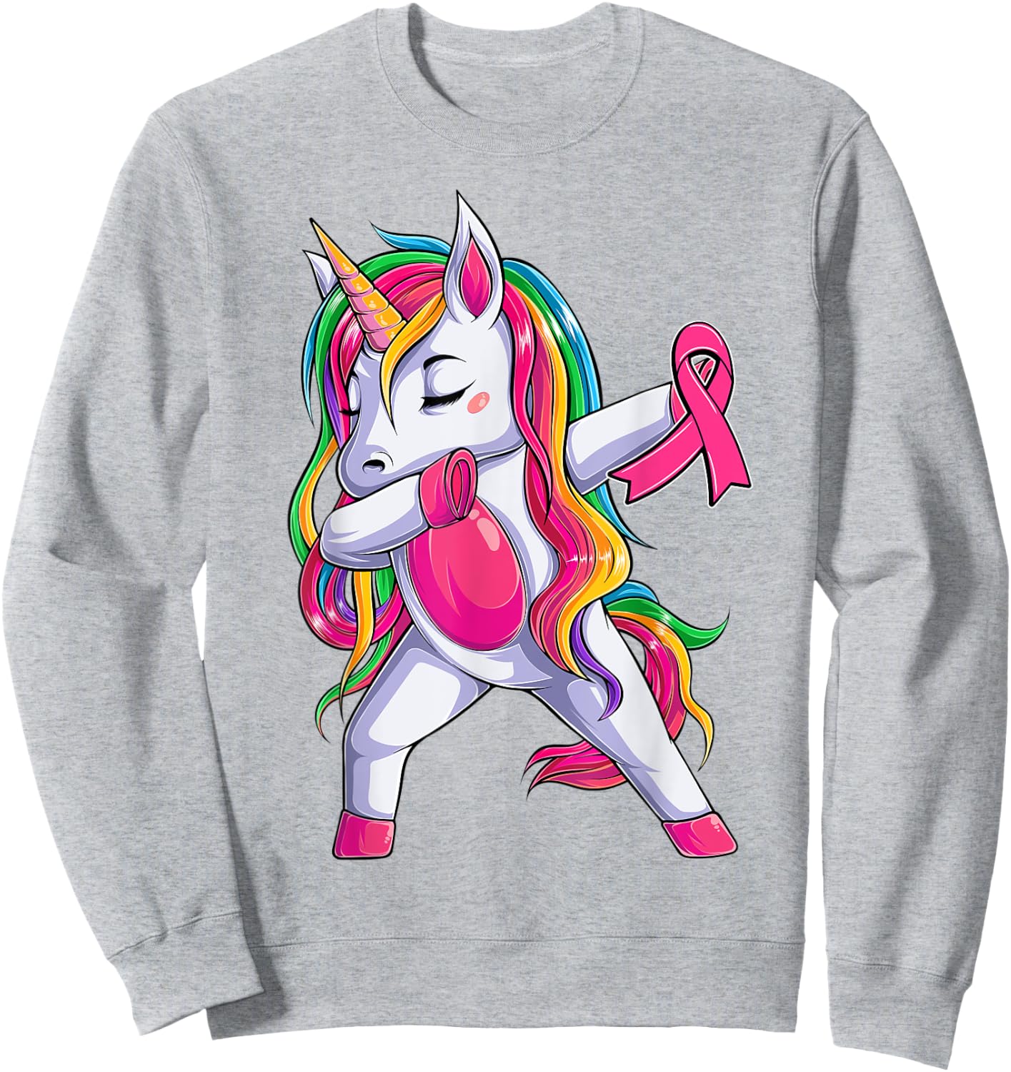 Dabbing Unicorn Pink Ribbon Breast Cancer Awareness Support Sweatshirt - Sweatshirt | Ash