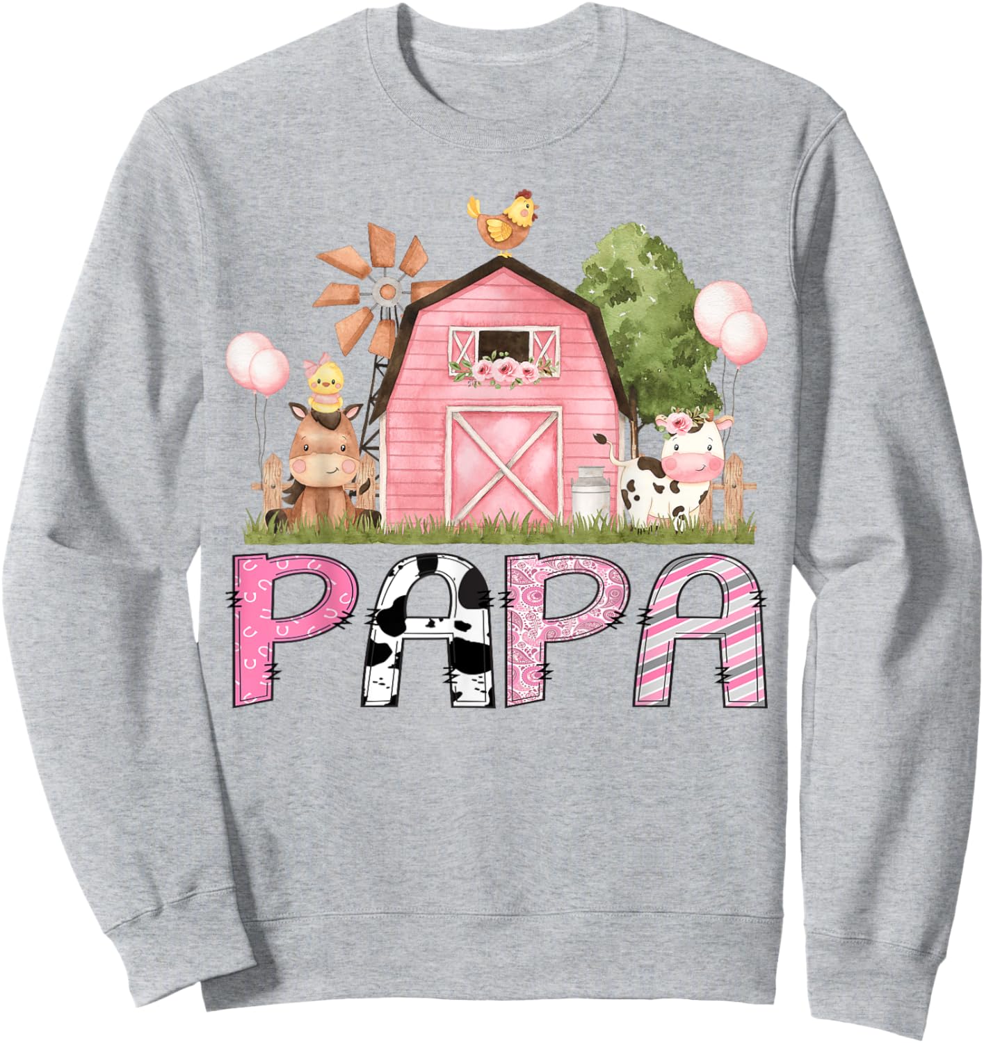 Papa Pink Farm Animal Birthday Kids Matching Family Sweatshirt - Sweatshirt | Ash