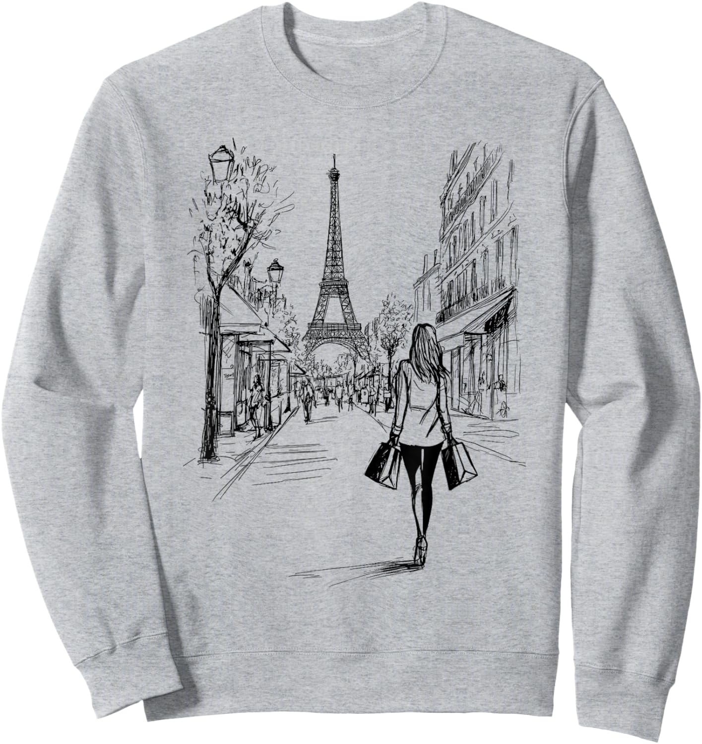Paris Shopping Eiffel Tower Cute Girl Drawing Souvenir Art Sweatshirt - Sweatshirt | Ash