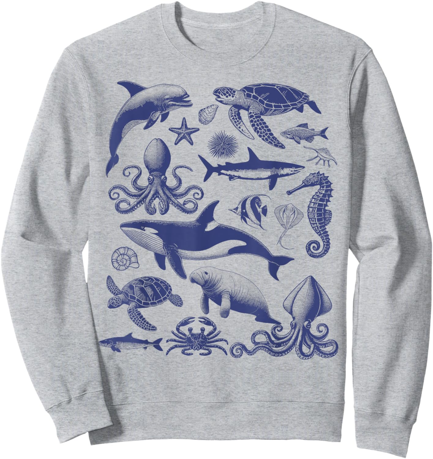Ocean Wildlife Vintage Shark Turtle Octopus Graphic Sweatshirt - Sweatshirt | Ash