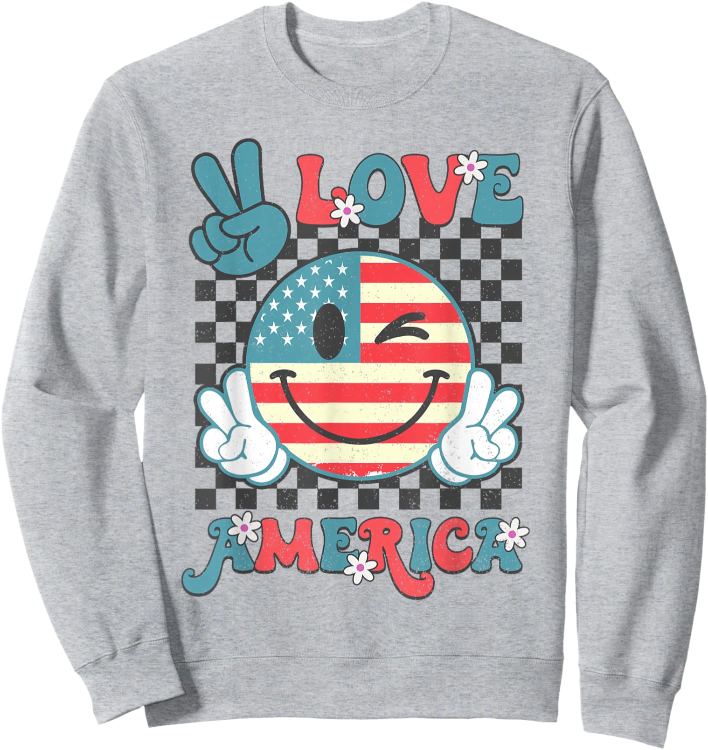 Peace Love America Smile Face US Flag Fourth 4th Of July Sweatshirt - Sweatshirt | Ash