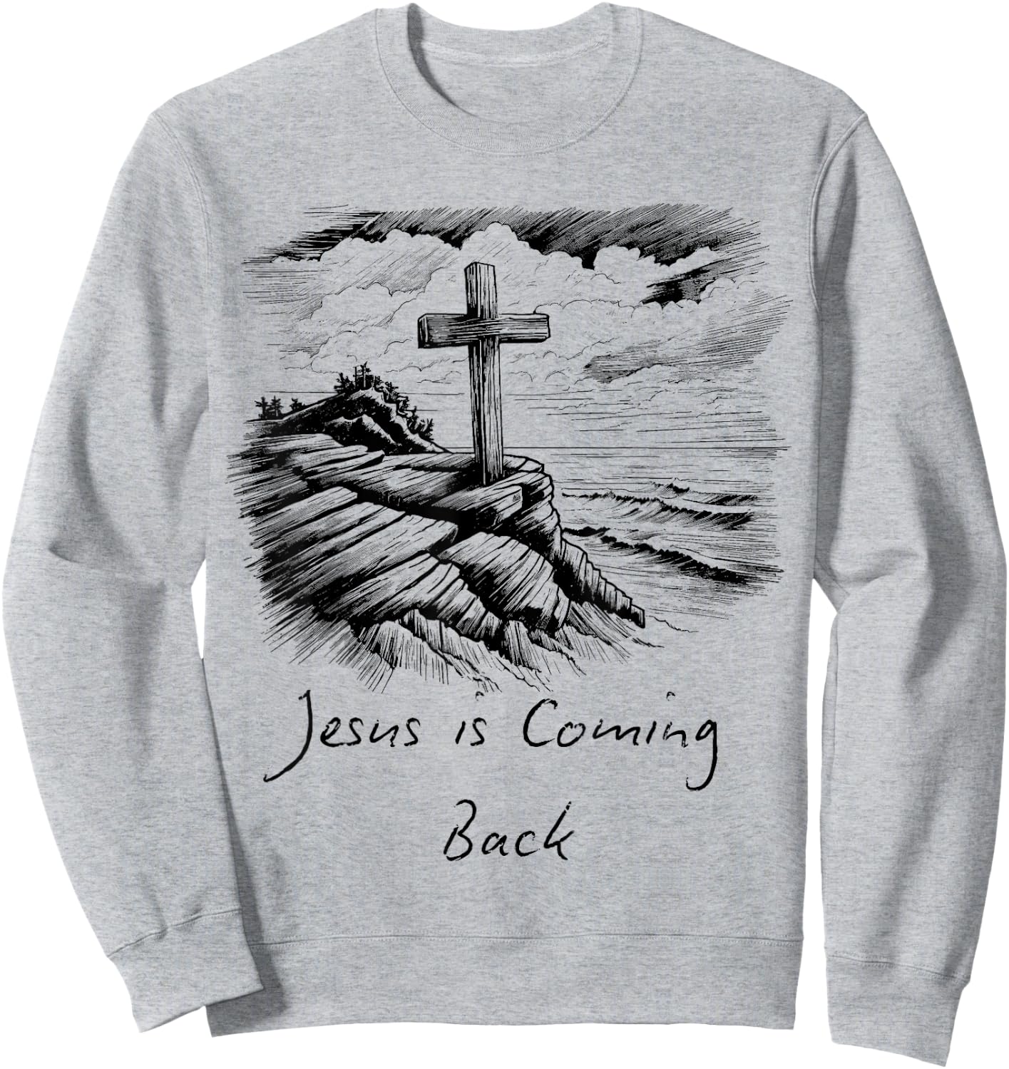 Jesus is coming Back sketch Drawing Cross Christian white Sweatshirt - Sweatshirt | Ash