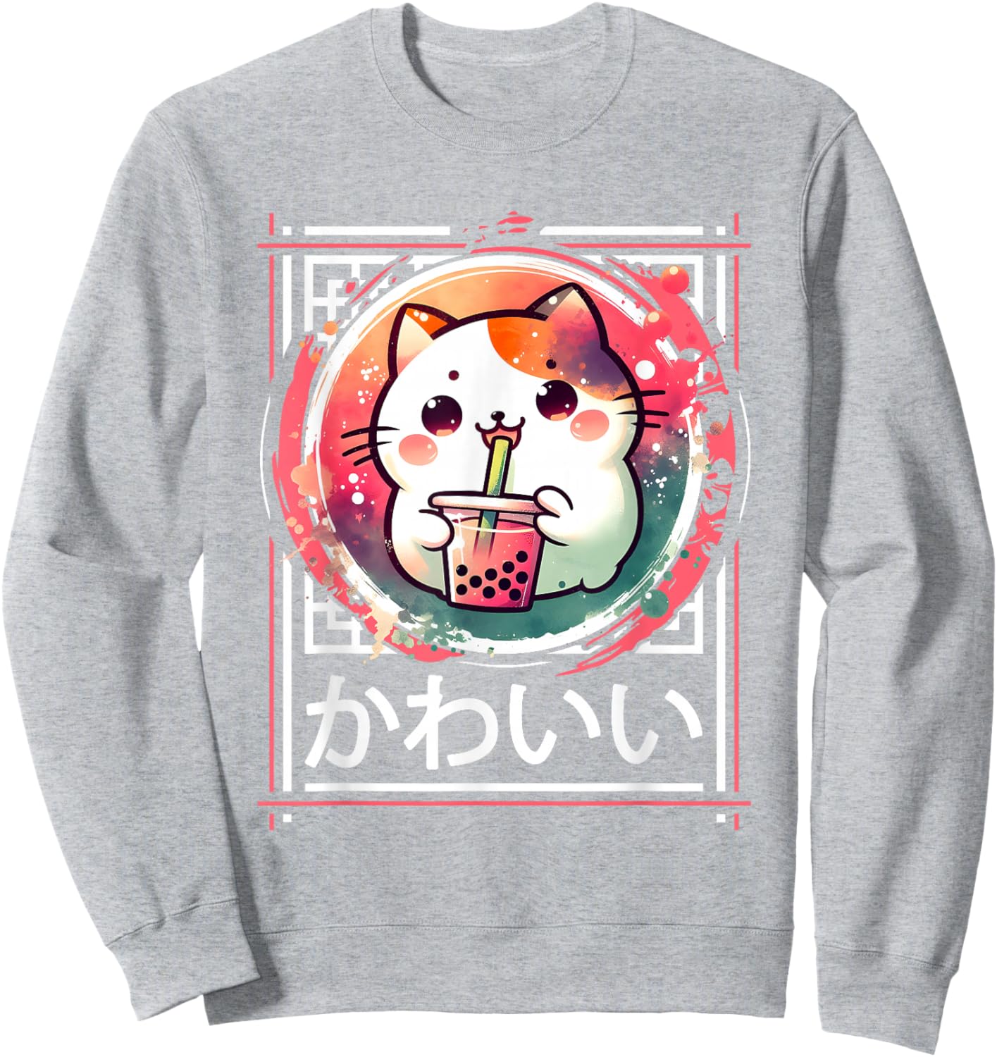 Cute Cat Boba Tea Anime Japanese Kids Teens , Black, S Sweatshirt - Sweatshirt | Ash