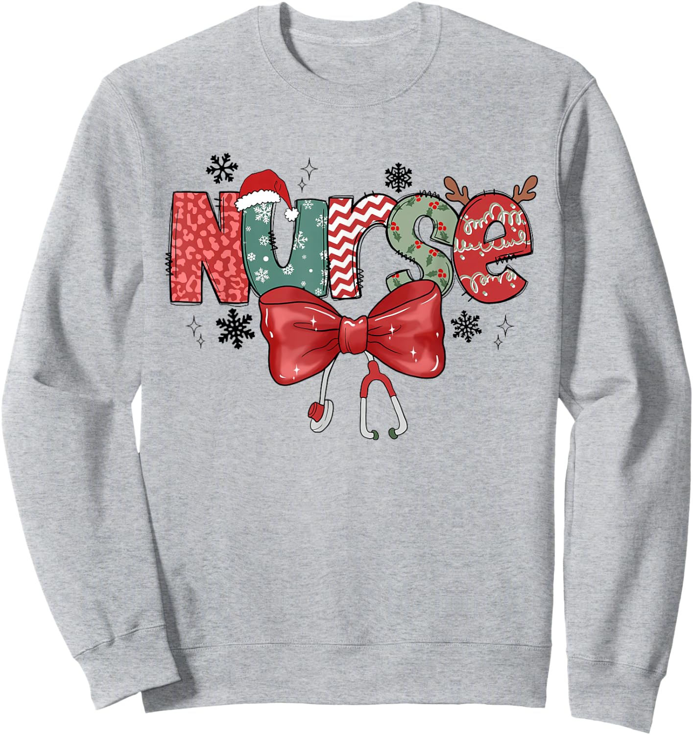 Christmas Nurse Coquette Bow Stethoscope Nursing Xmas Pjs Sweatshirt - Sweatshirt | Ash