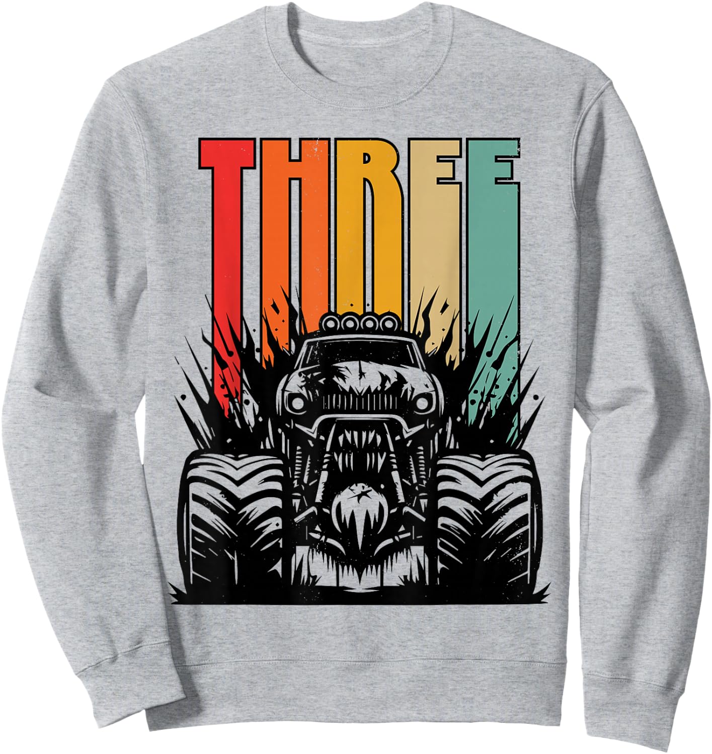 3 Year Old Monster Truck Lovers 3rd Birthday Party Retro Sweatshirt - Sweatshirt | Ash