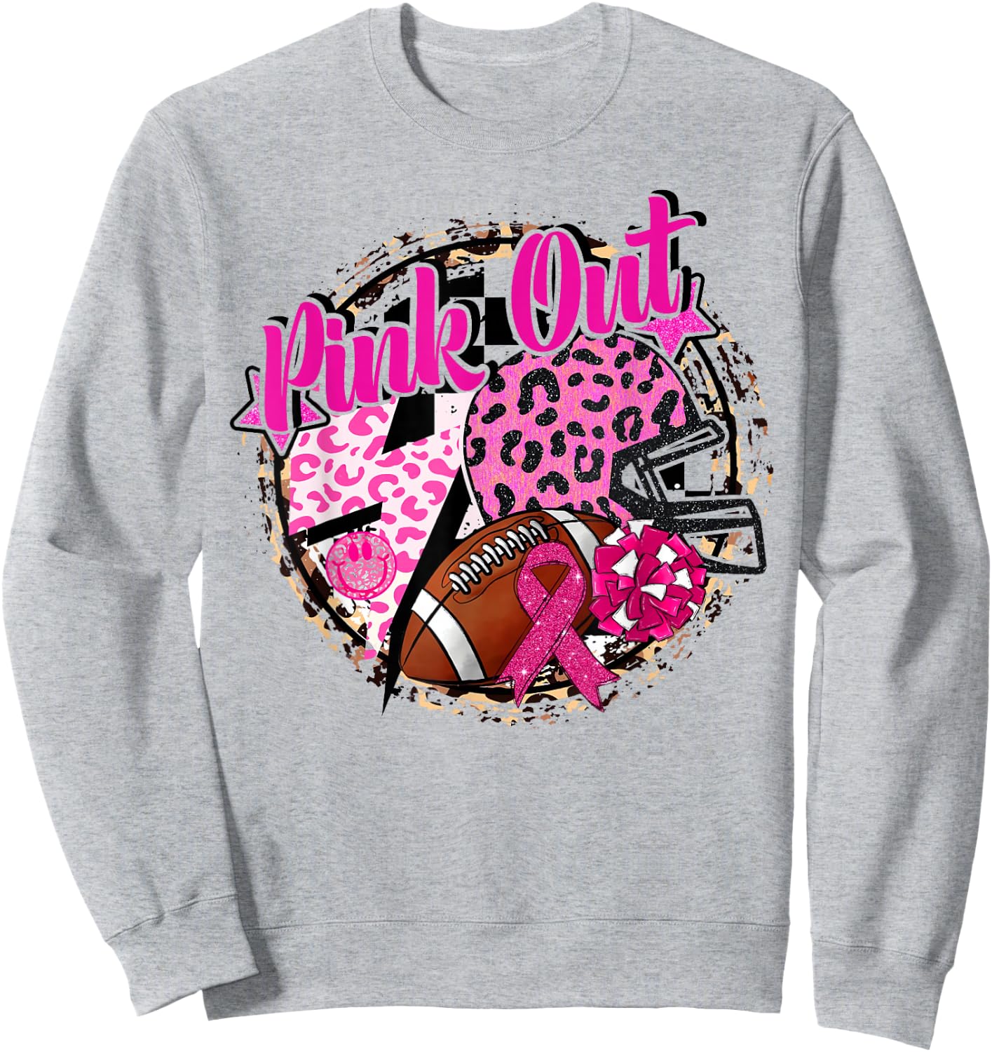 Pink Out Cheer Football Pink Ribbon Breast Cancer Awareness Sweatshirt - Sweatshirt | Ash