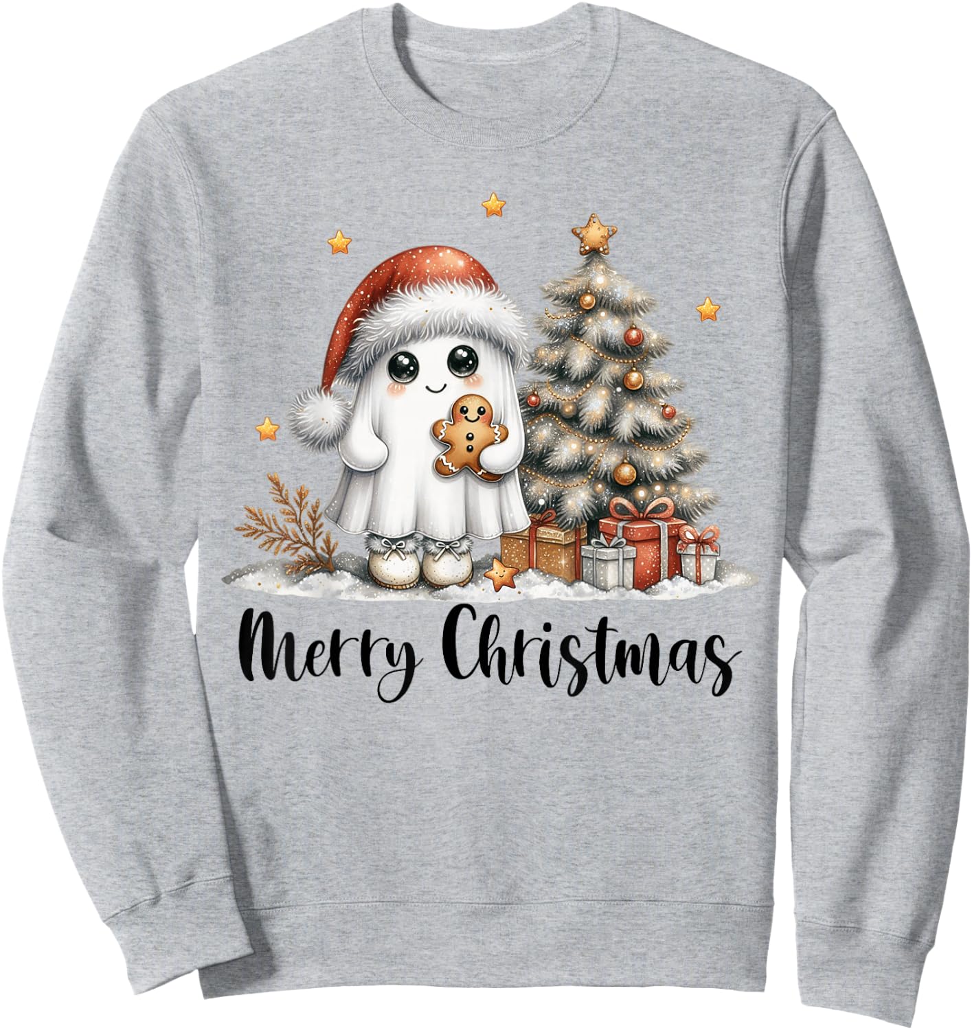 Merry Christmas Ghost With Santa Hat Xmas Tree Lights Men Sweatshirt - Sweatshirt | Ash