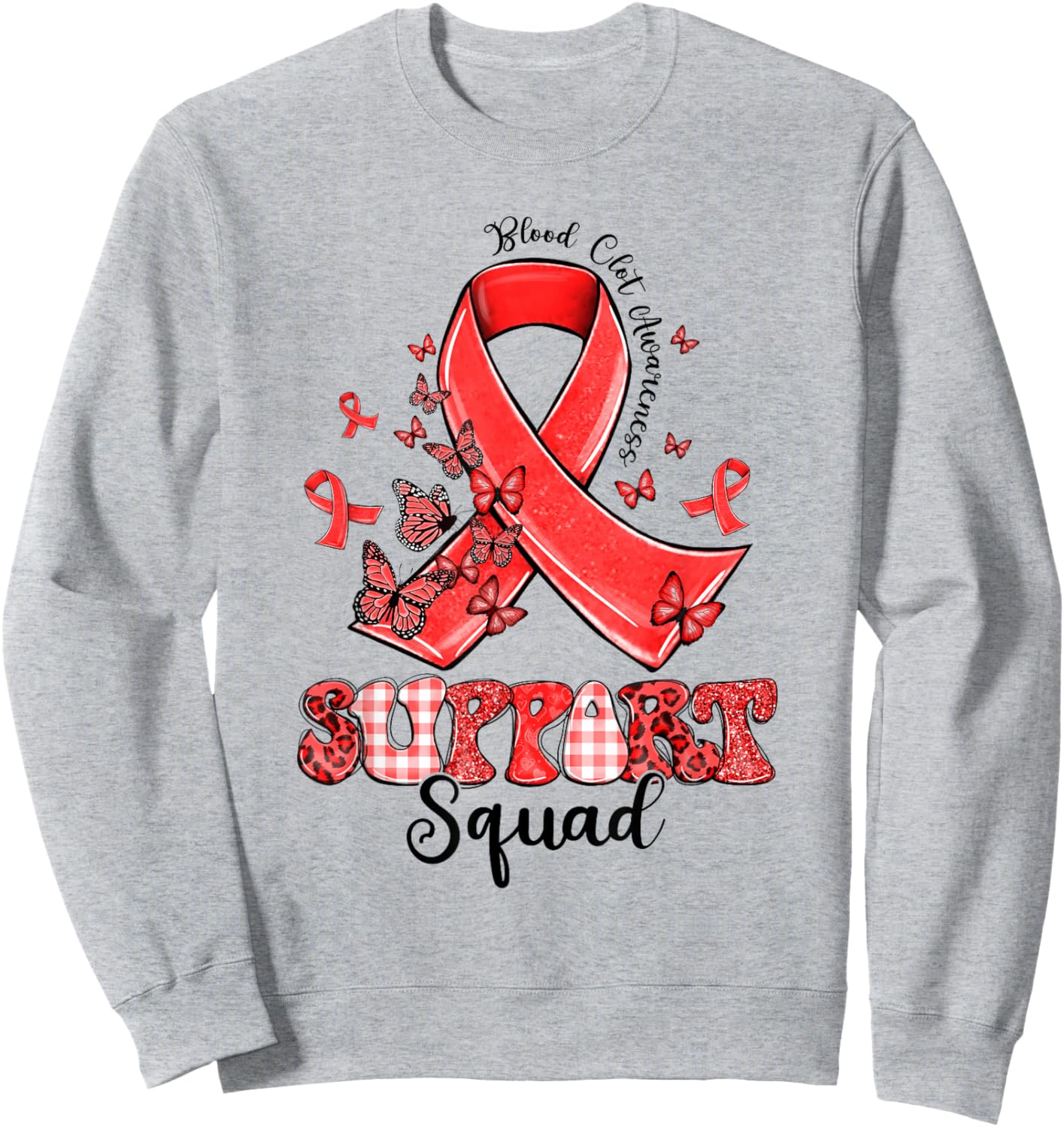 Support Squad Red Ribbon Butterfly Blood Clot Awareness Sweatshirt - Sweatshirt | Ash