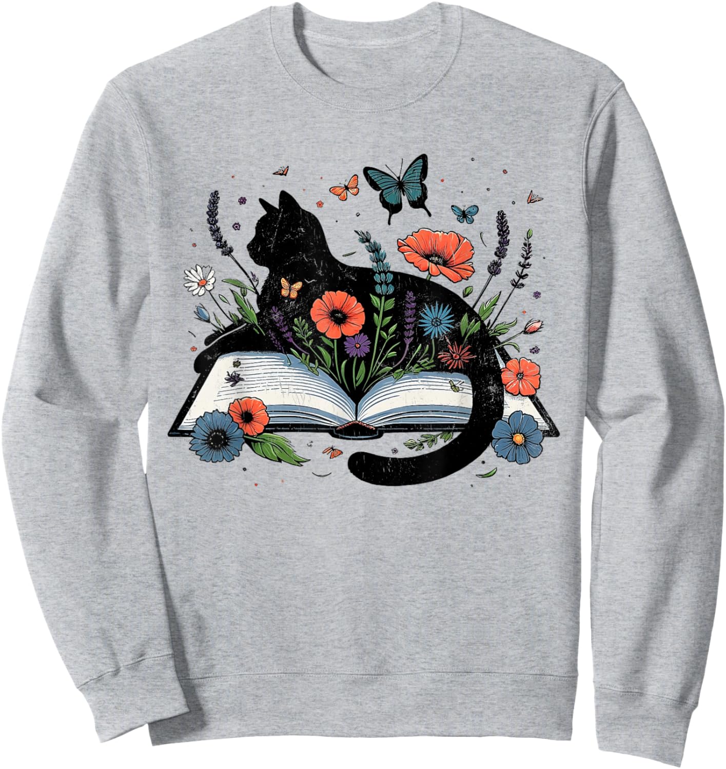 Retro Cute Cat Floral Book Librarian Vintage Floral Cat Book Sweatshirt - Sweatshirt | Ash