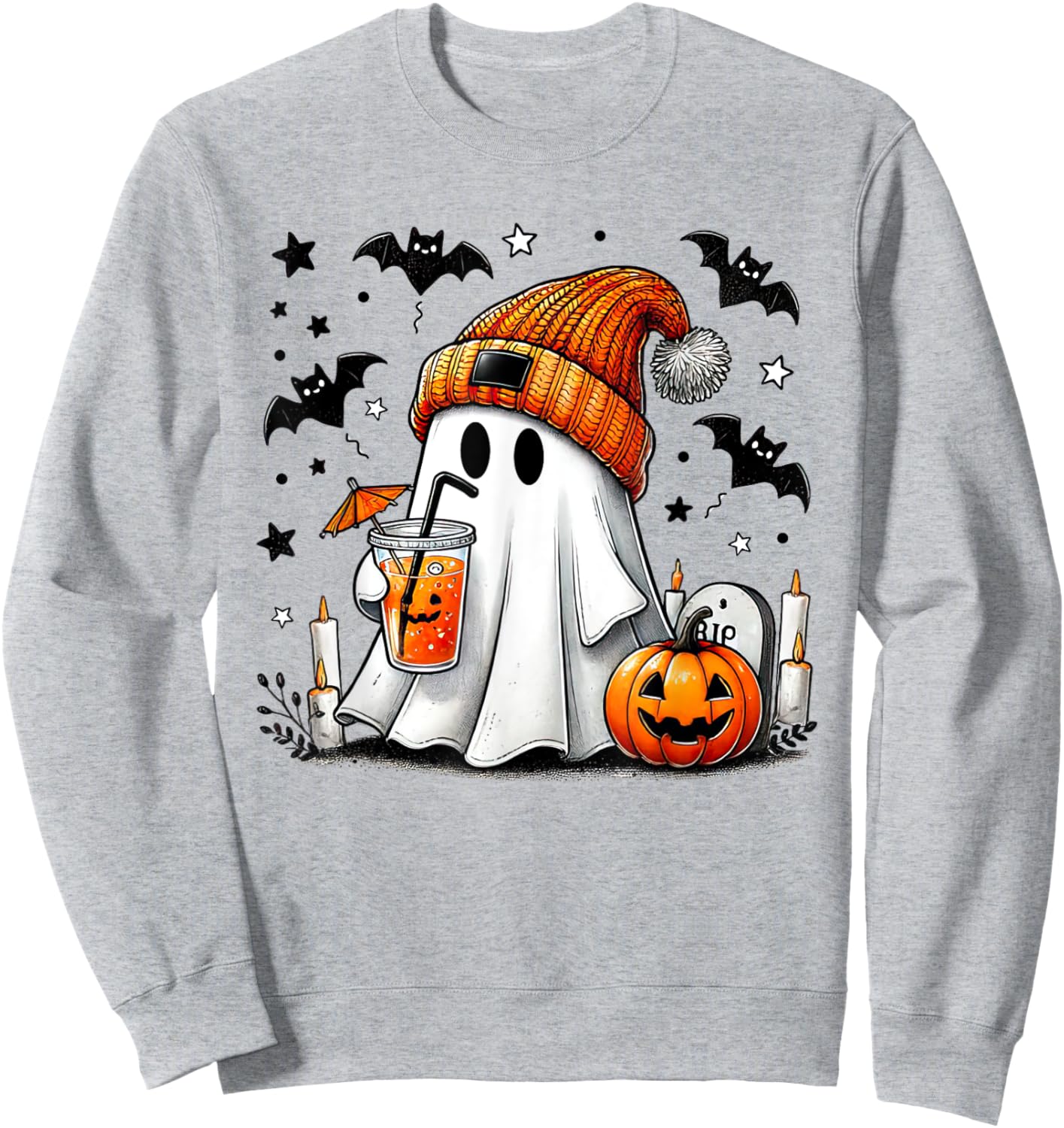 Cute Ghost Drinking Coffee Halloween Ghost Coffee Sweatshirt - Sweatshirt | Ash