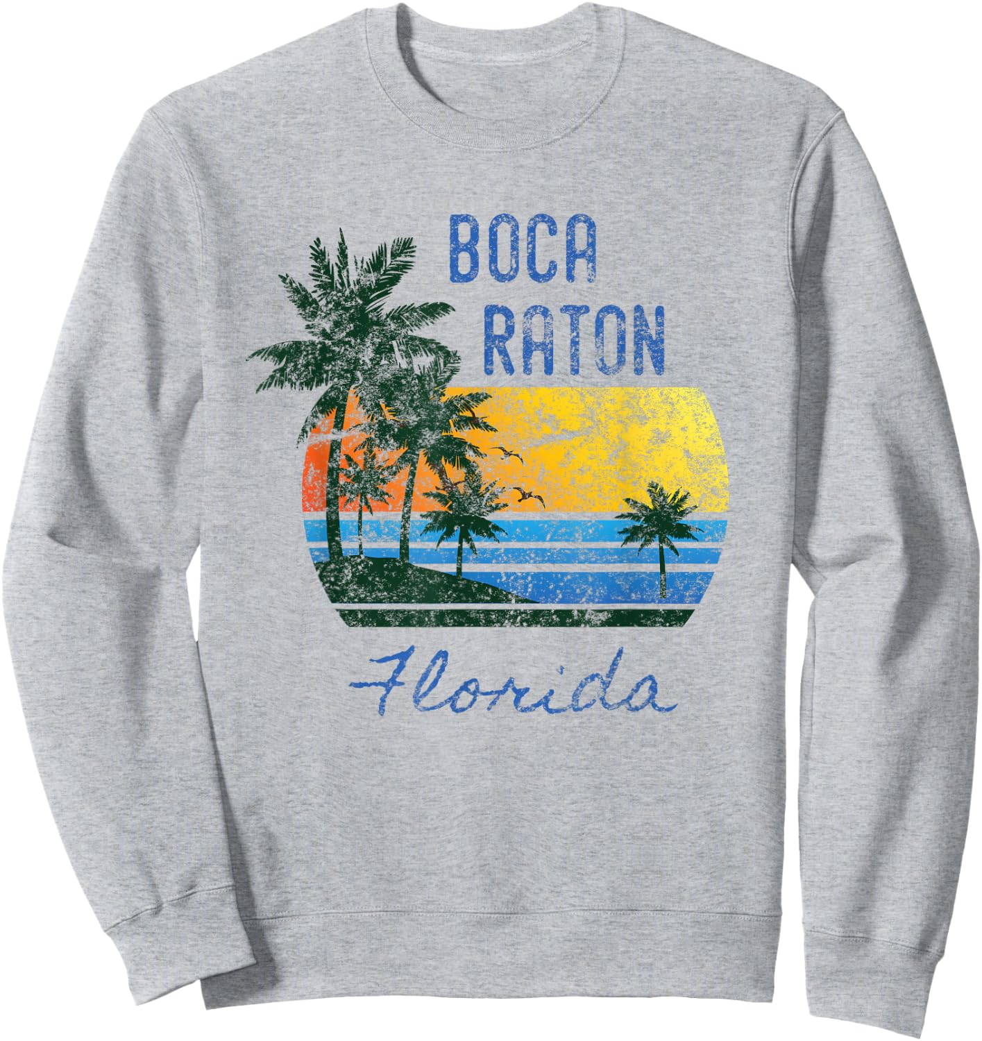 Retro Cool Boca Raton FL Distressed Palm Tree Sunset Novelty Sweatshirt - Sweatshirt | Ash