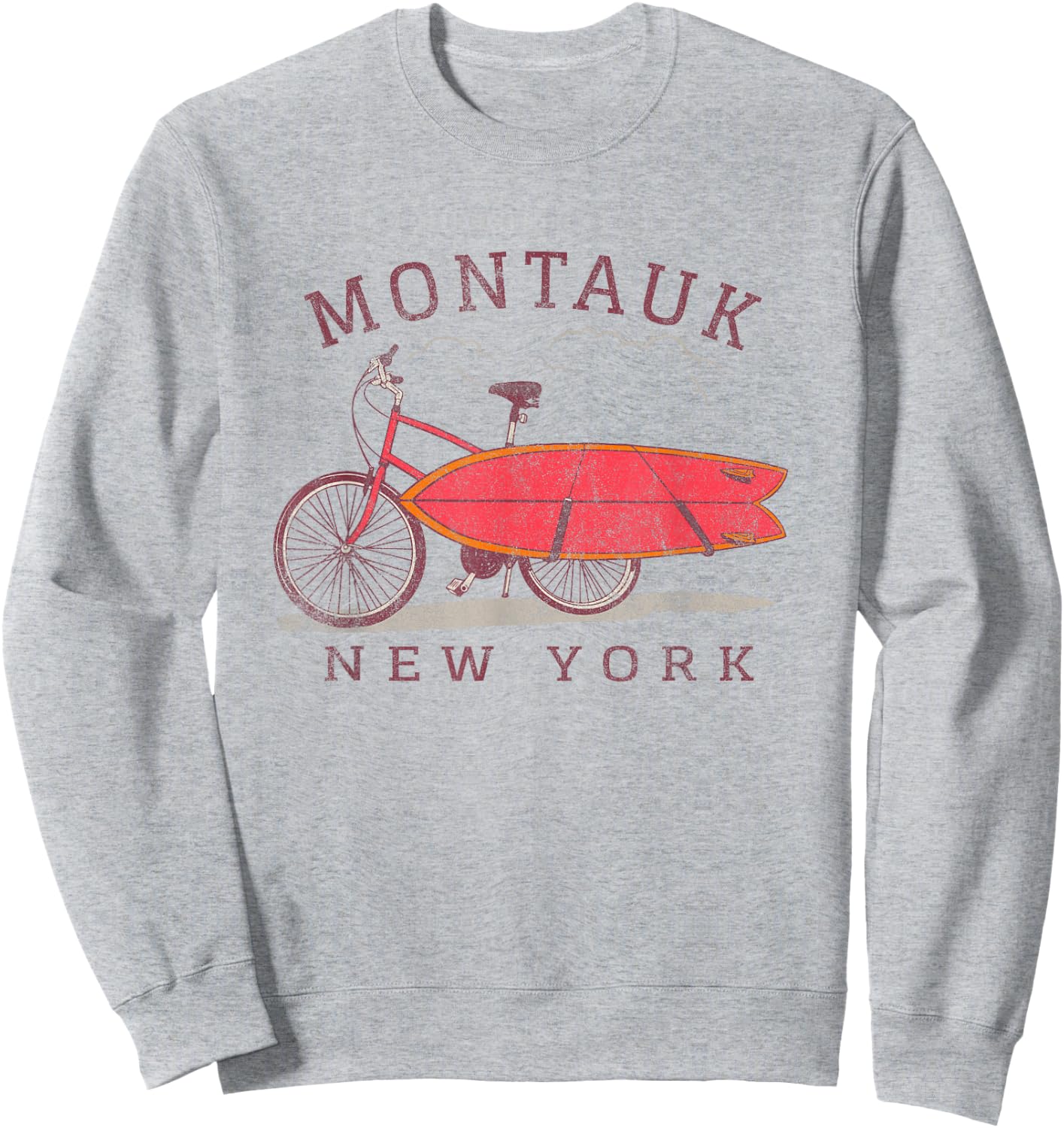 Retro Montauk New York NY Surfing Fan Surfboard Bicycle Art Sweatshirt - Sweatshirt | Ash