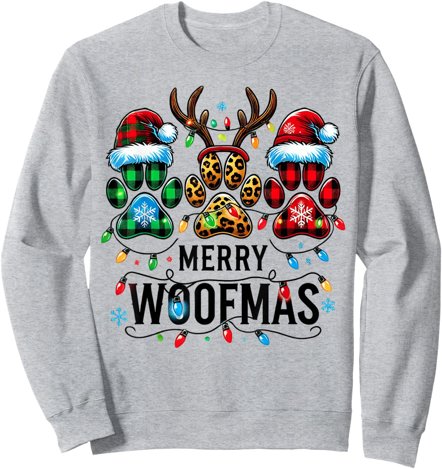 Merry Woofmas Christmas Dog Paws Lights Buffalo Plaid Women Sweatshirt - Sweatshirt | Ash
