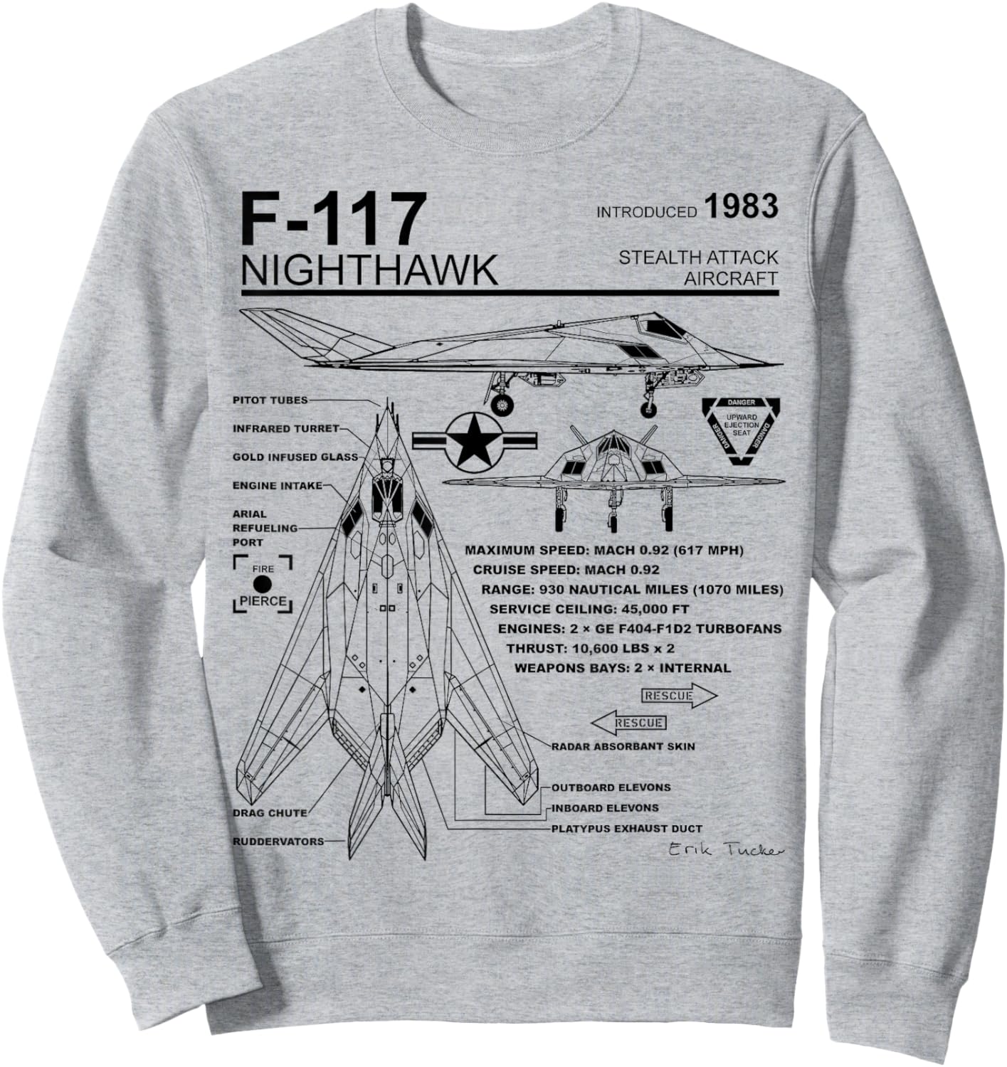 F-117 Nighthawk Stealth Fighter Schematic Infographic Sweatshirt - Sweatshirt | Ash
