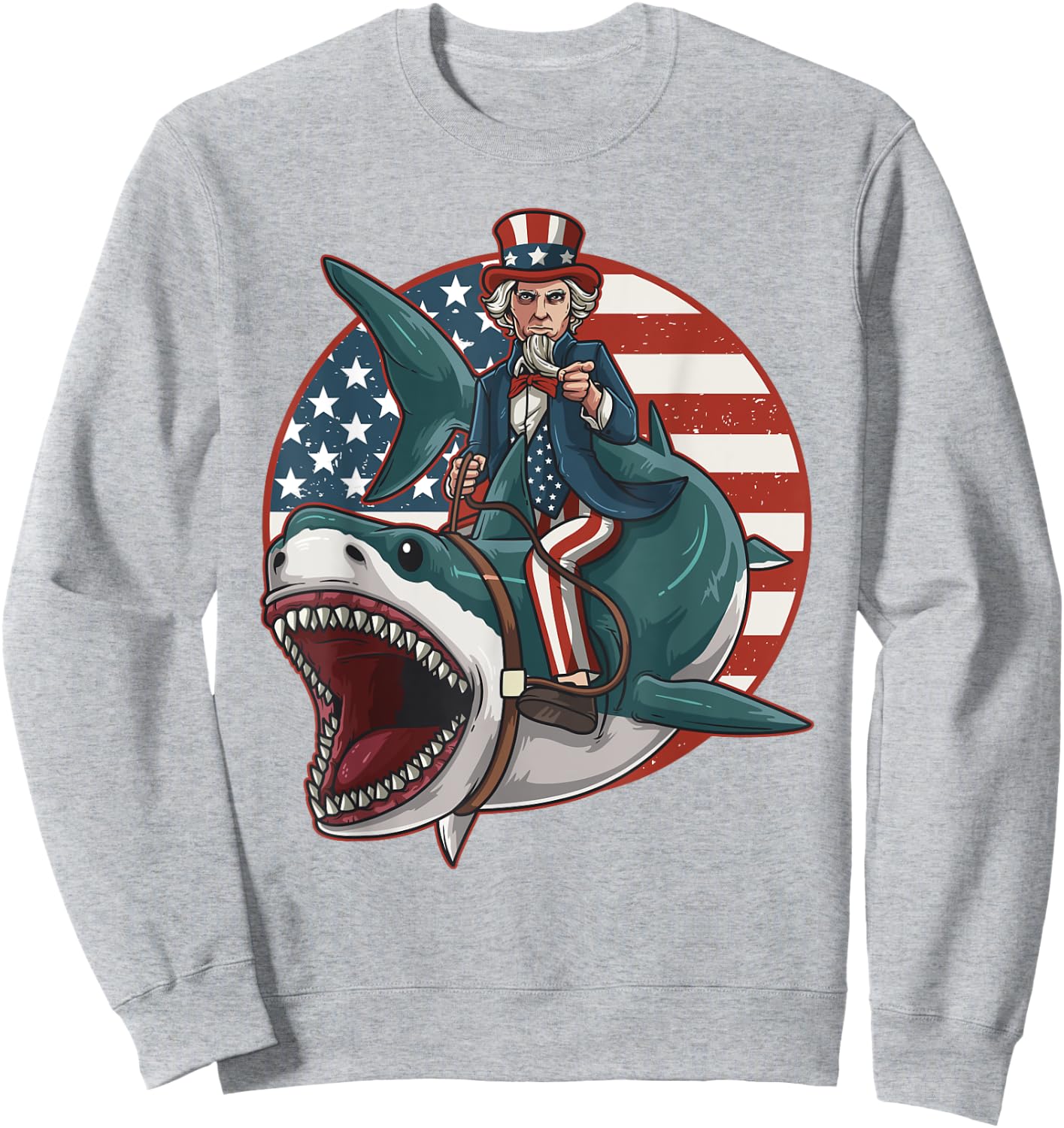 Uncle Sam Riding Great White Shark 4th of July Light Sweatshirt - Sweatshirt | Ash