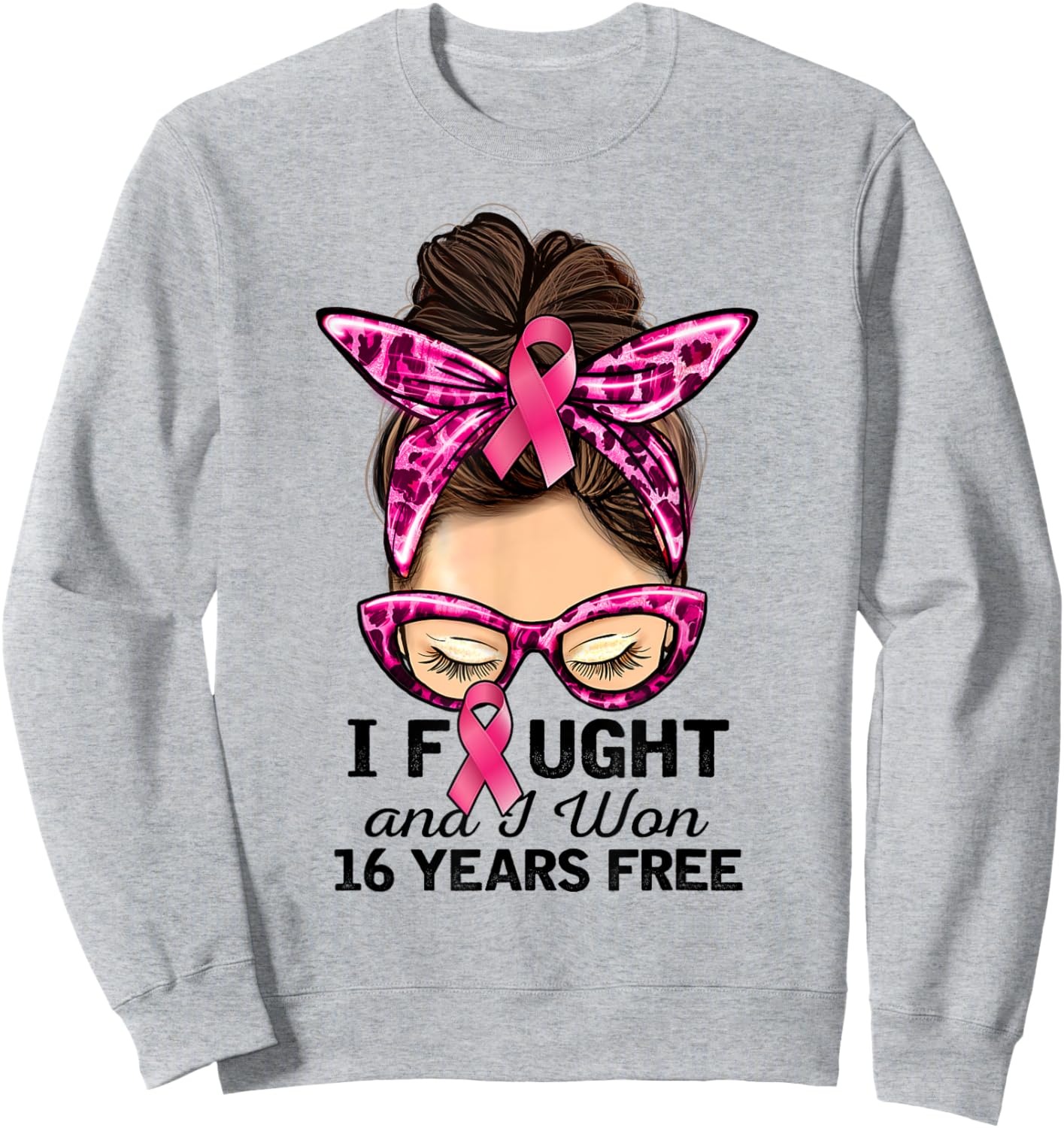I Fought and I Won 16 Years Free Messy Bun Breast Cancer Sweatshirt - Sweatshirt | Ash
