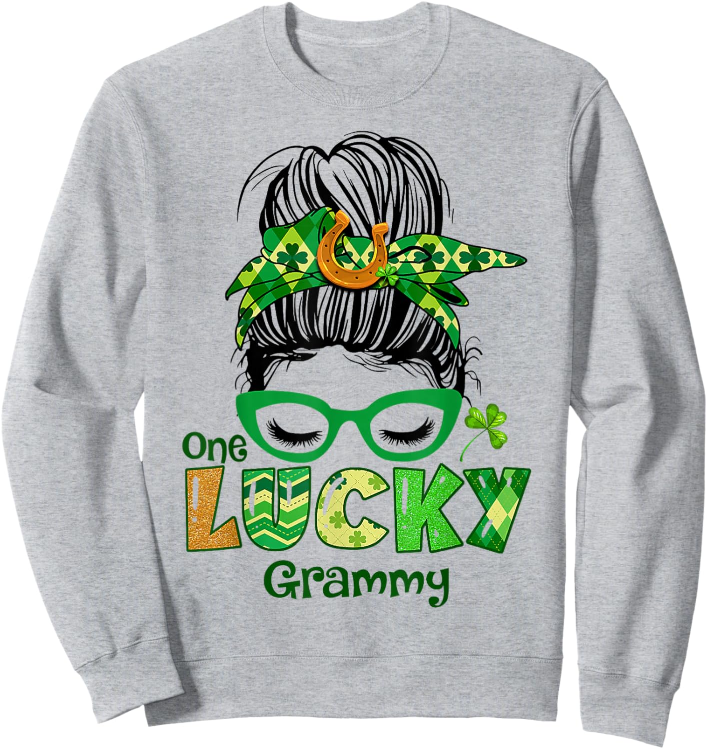 One Lucky Grammy Messy Bun Leopard St Patricks Day Shamrock Sweatshirt - Sweatshirt | Ash