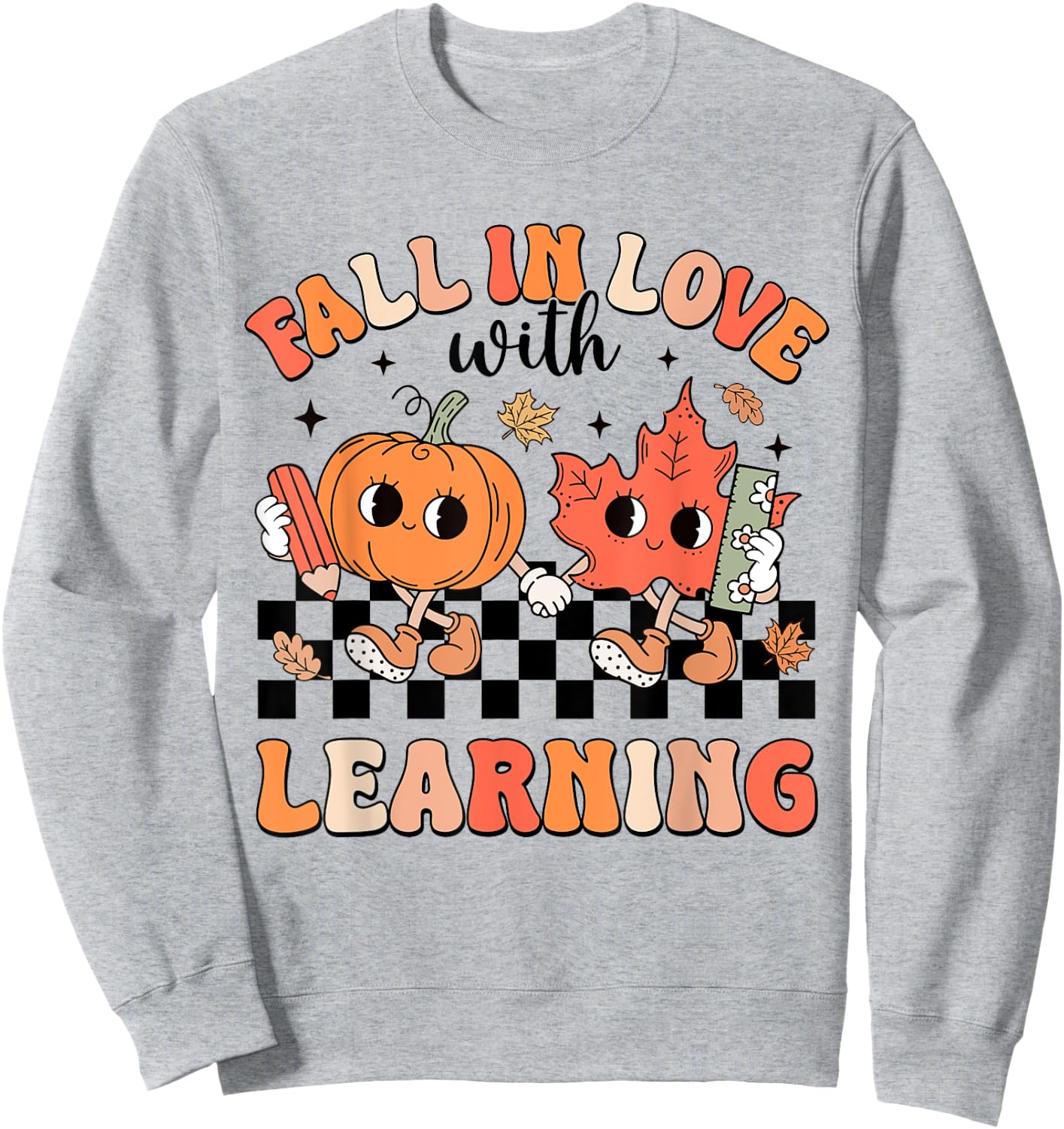 Retro Fall In Love With Learning Autumn Pumpkin Teacher Sweatshirt - Sweatshirt | Ash