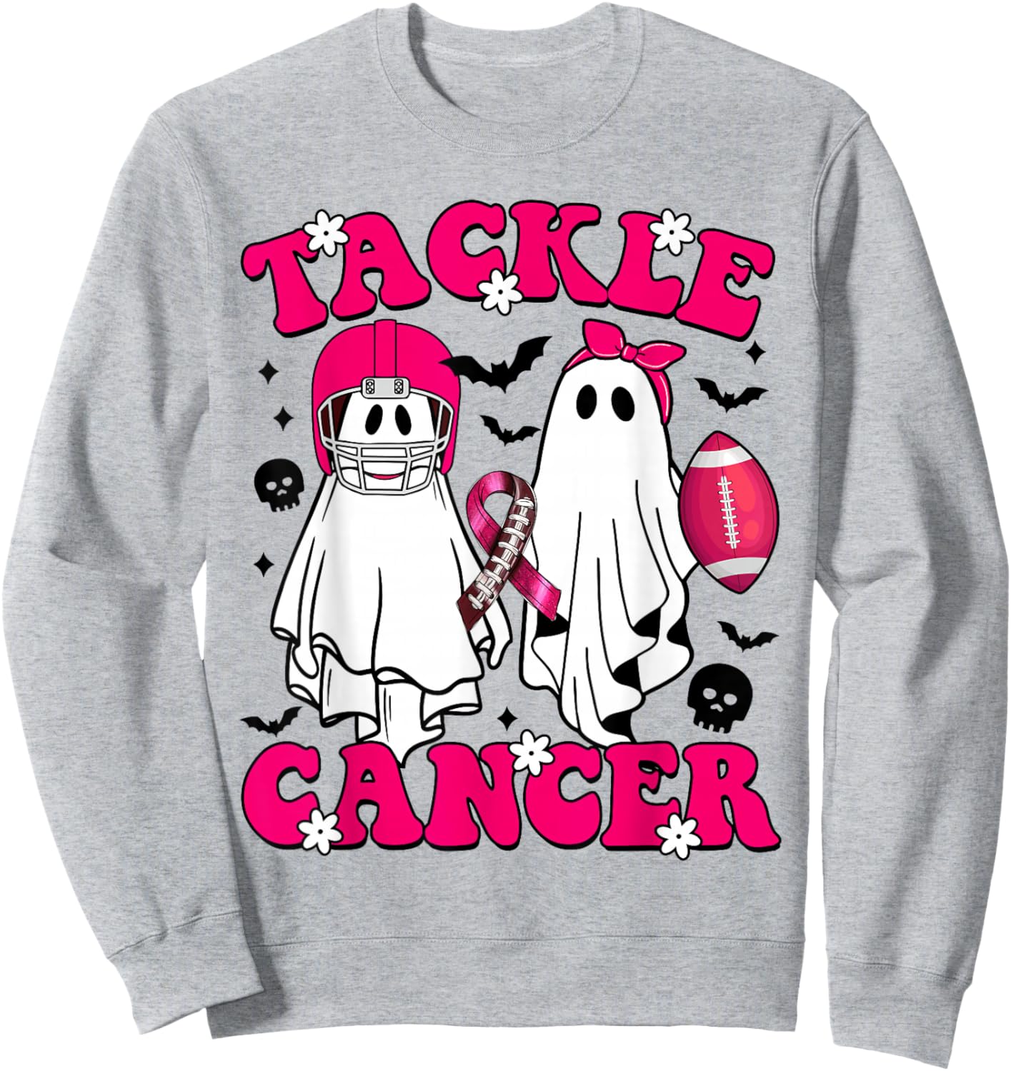 Tackle Breast Cancer Football Funny Ghost Pink Halloween Sweatshirt - Sweatshirt | Ash