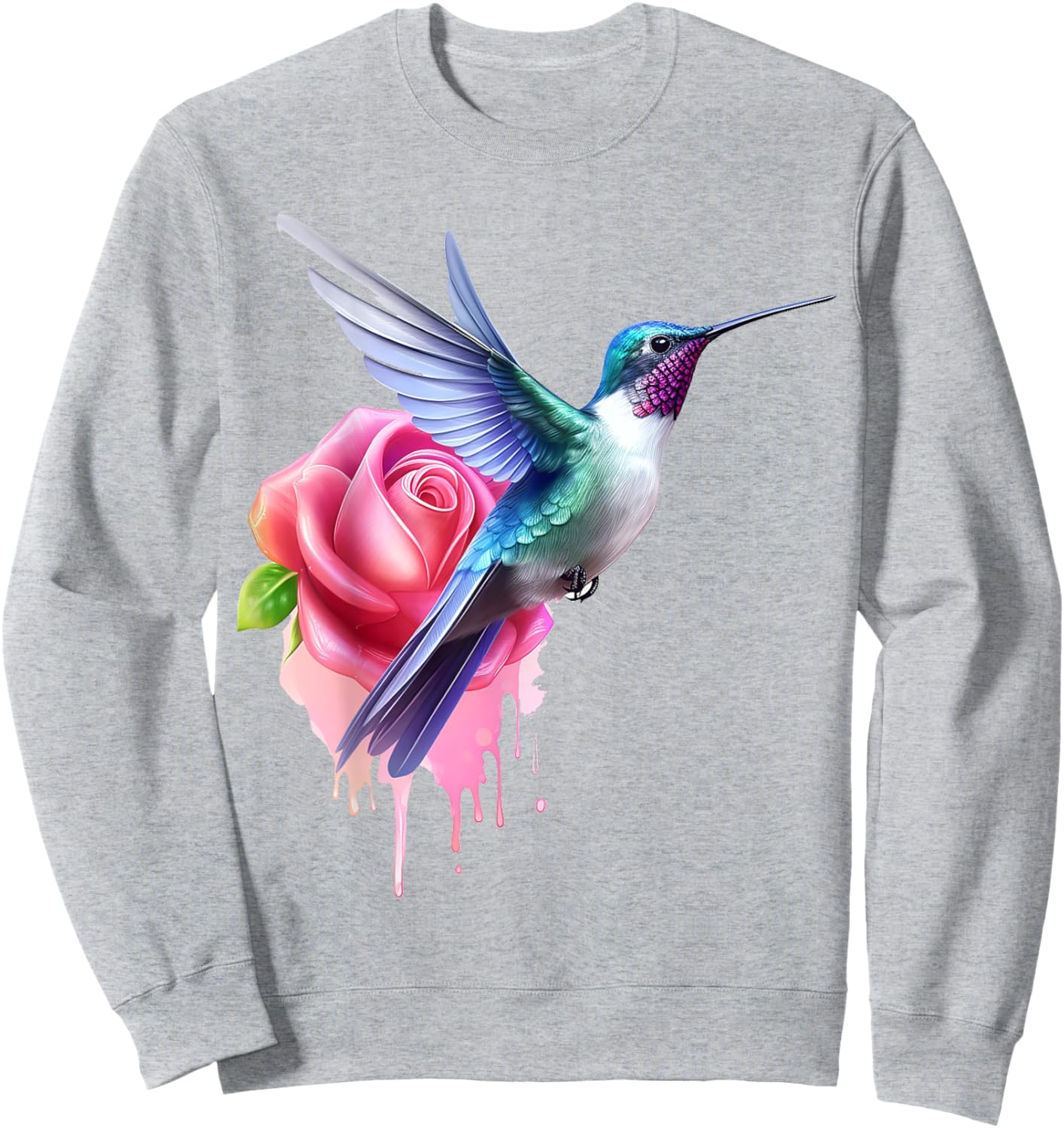 Hummingbird Art Rose Animal Colorful Graphic Hummingbird Sweatshirt - Sweatshirt | Ash