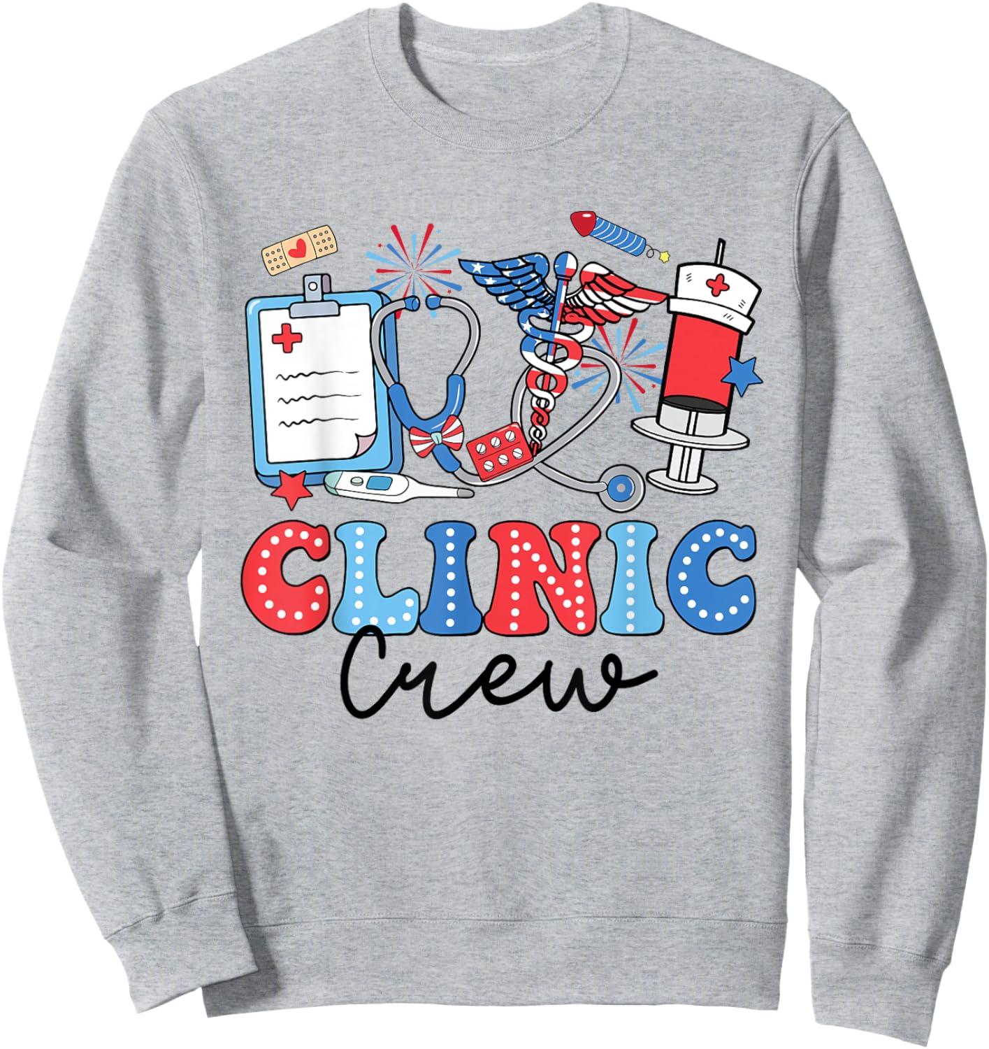 Retro Clinic Crew American Flag Fireworks Nurse 4th Of July Sweatshirt - Sweatshirt | Ash