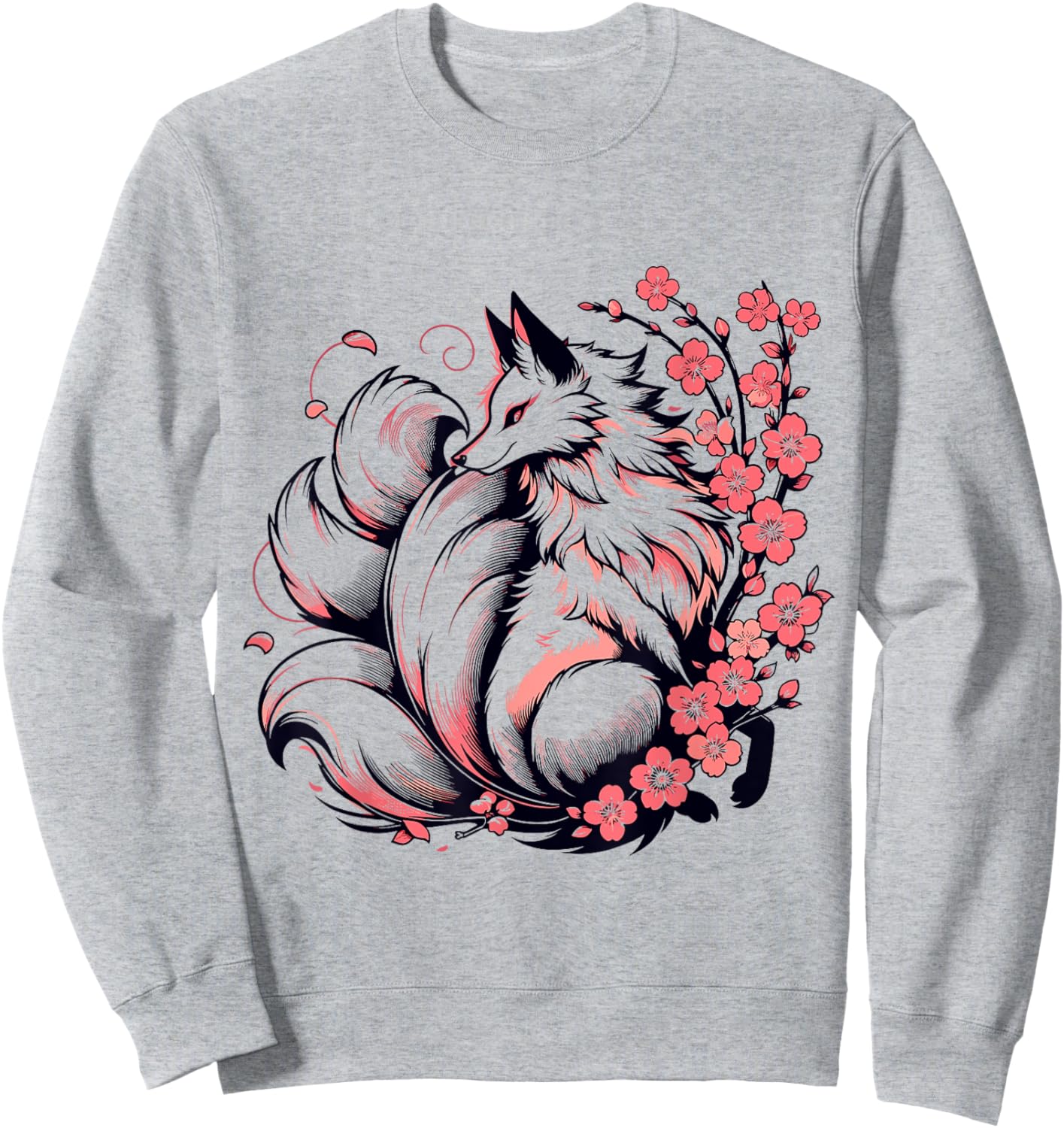 Retro Japanese Kitsune Nine Tailed Fox Cherry Blossom Anime Sweatshirt - Sweatshirt | Ash