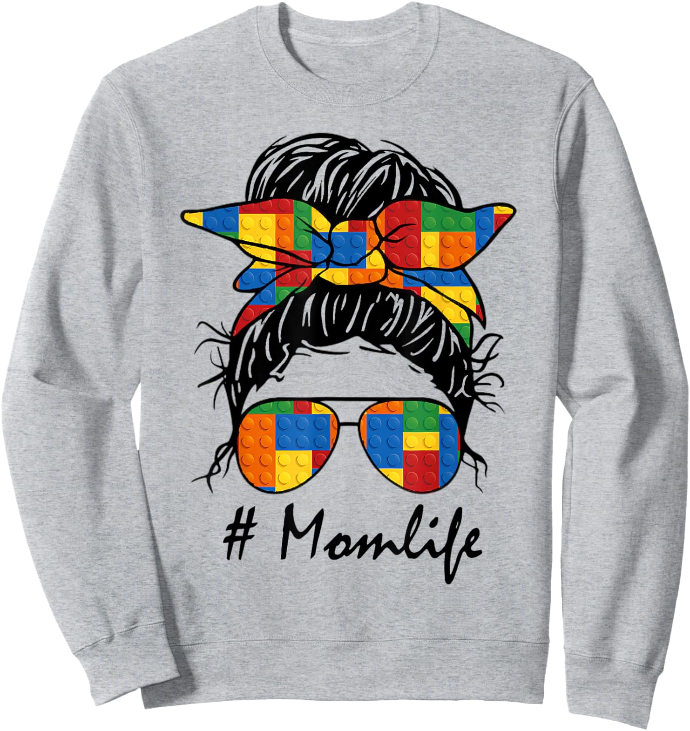 Building Block Messy Bun Mom Life Master Builder Mothers Day Sweatshirt - Sweatshirt | Ash