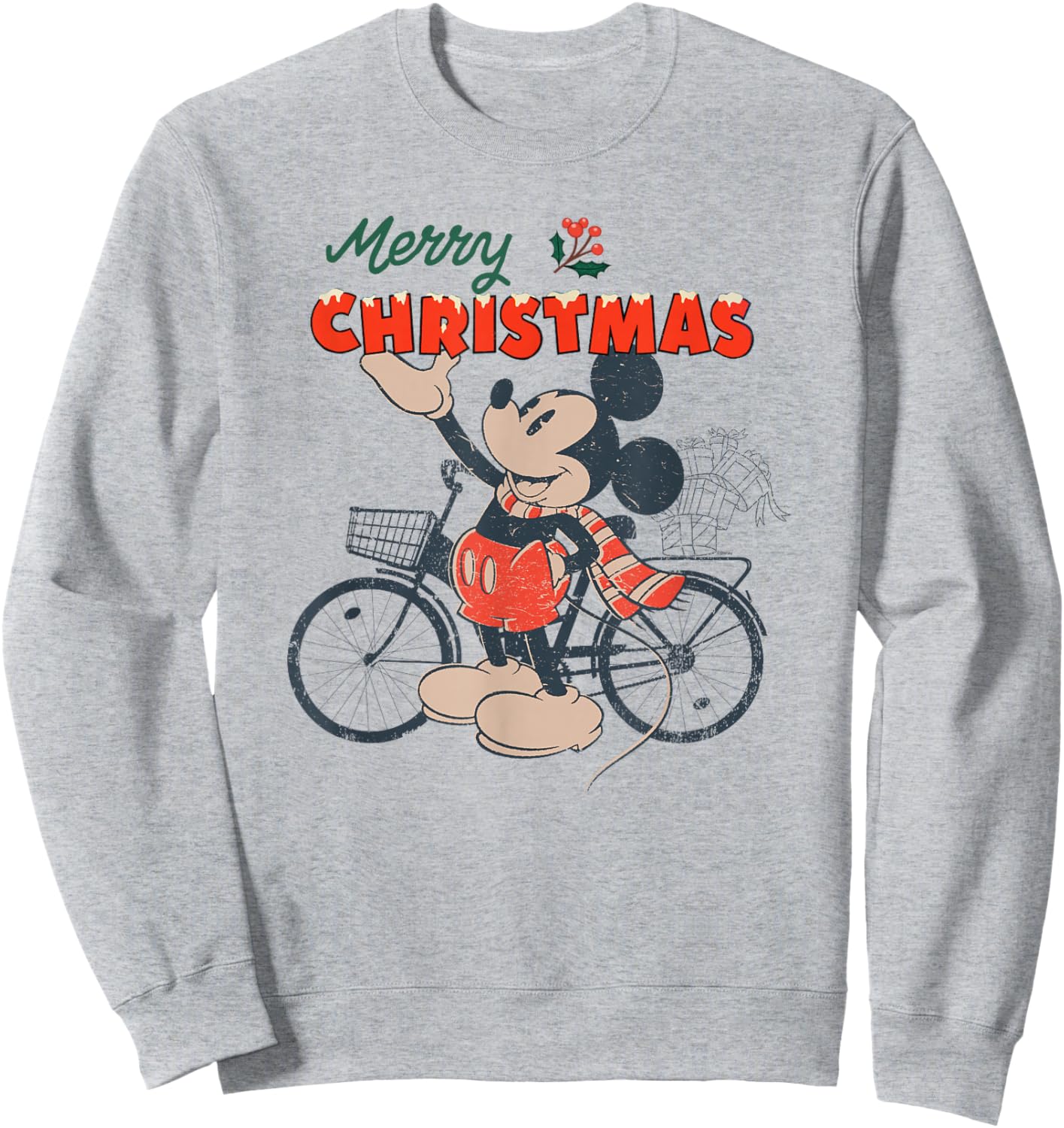 Disney Mickey Mouse Merry Christmas Bicycle Retro Distressed Sweatshirt - Sweatshirt | Ash
