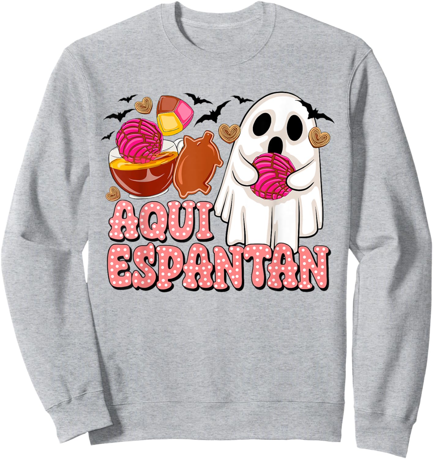 Aqui Espantan Cute Ghost Spanish Halloween Spooky Ghost Sweatshirt - Sweatshirt | Ash