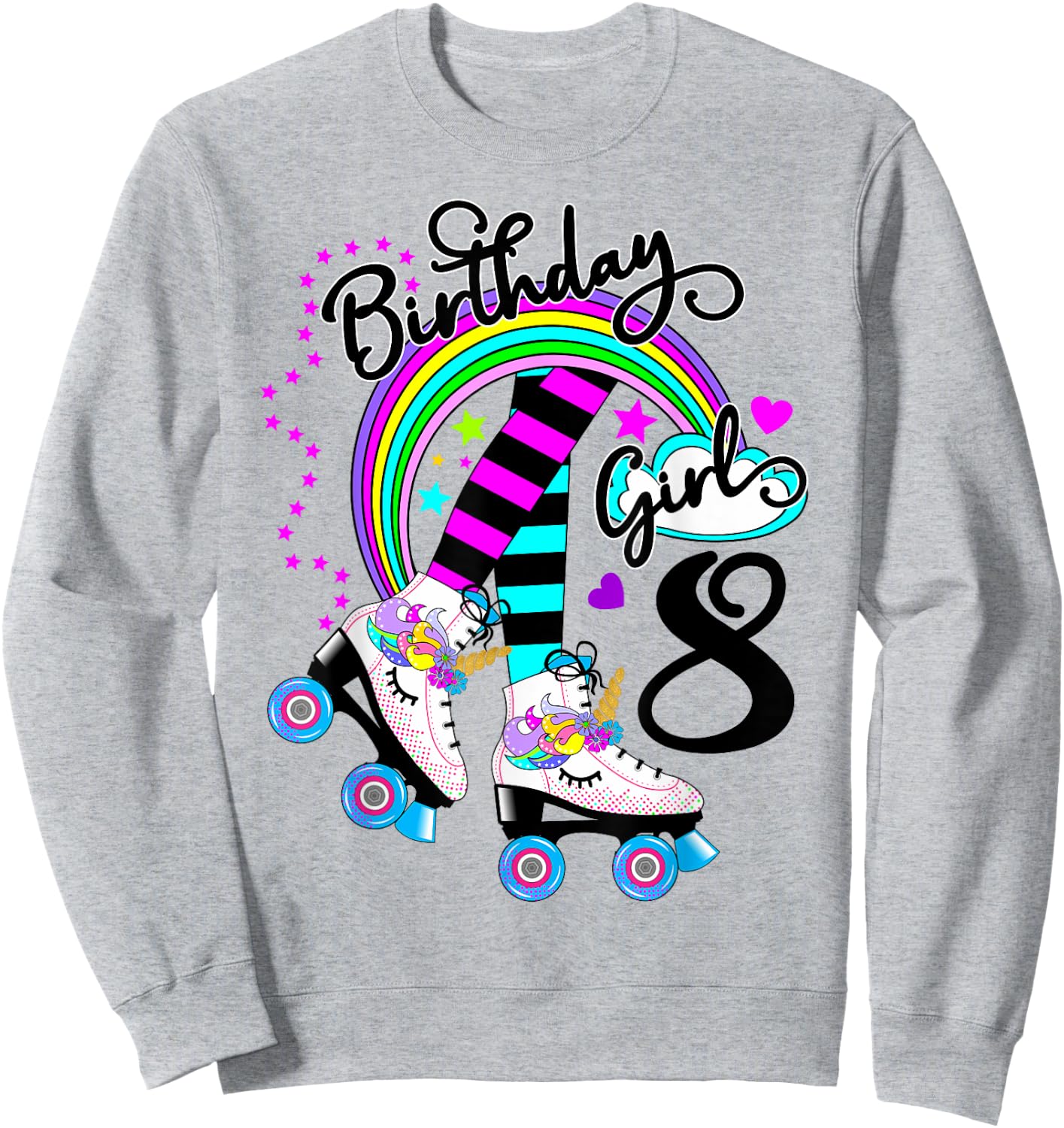 8th Unicorn Roller Skate Birthday Party for Girls Sweatshirt - Sweatshirt | Ash