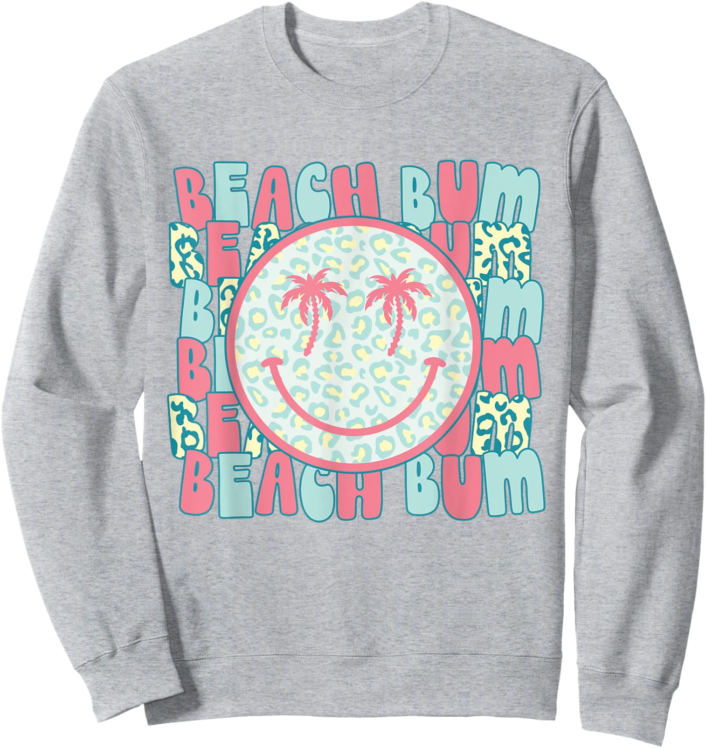 Retro Leopard Happy Face Palm Tree Eyes Beach Bum Smile Face Sweatshirt - Sweatshirt | Ash