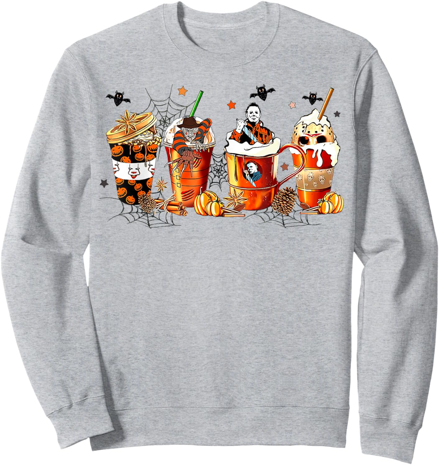 Vintage Halloween Horror Latte Coffee Cups Ghost Skeleton Sweatshirt - Sweatshirt | Ash