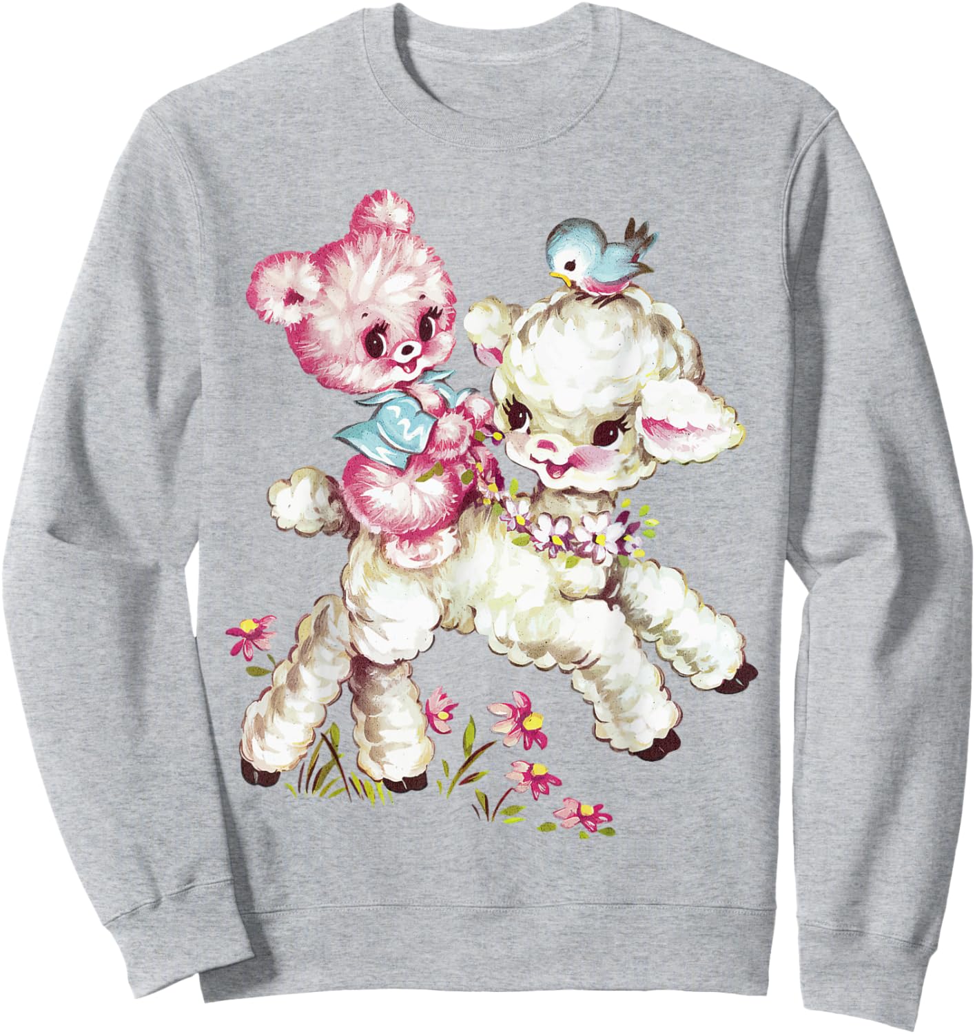 Vintage Easter Cute Lamb Bear Spring Flowers Retro Vintage Sweatshirt - Sweatshirt | Ash